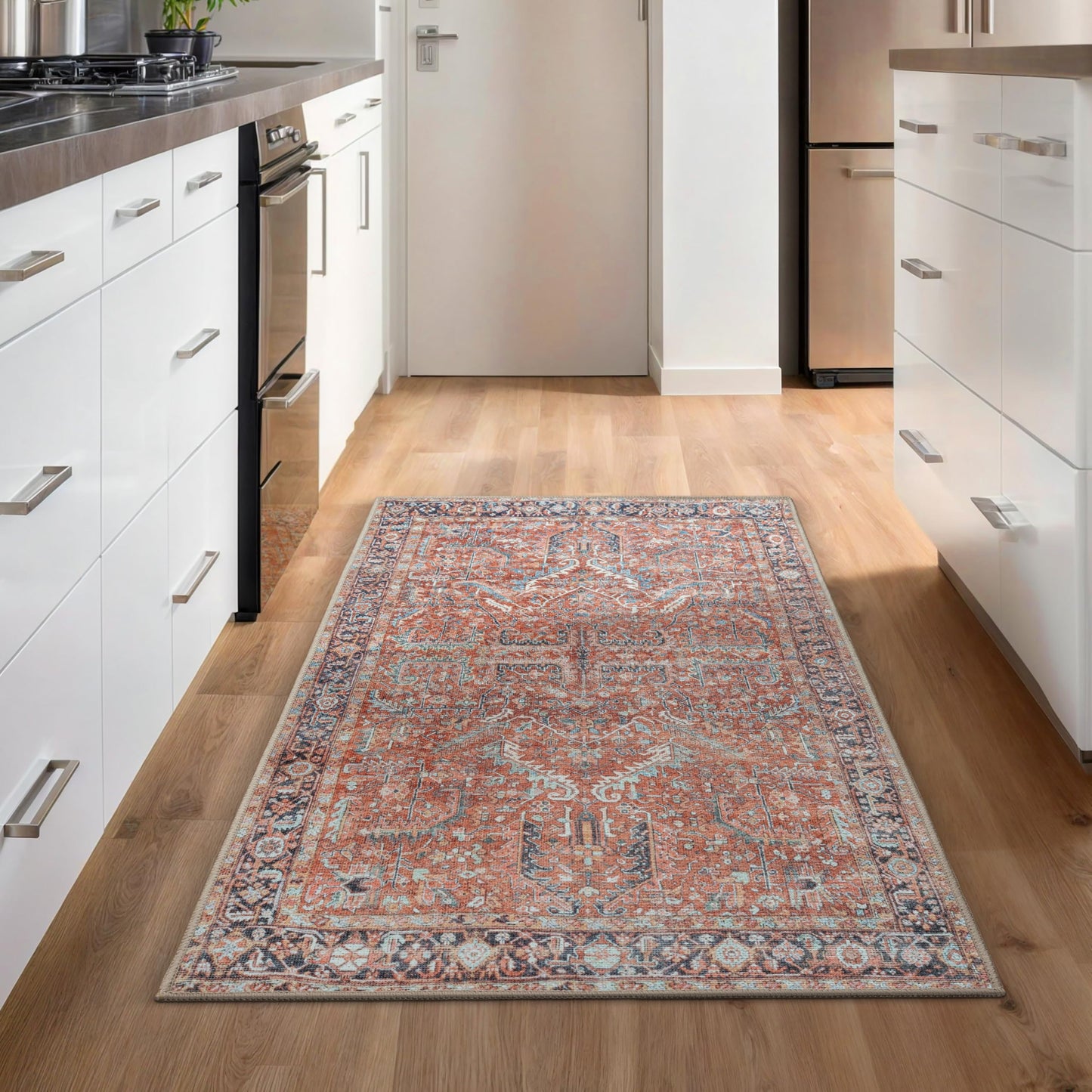 GLN Rugs Traditional Collection - Machine Washable Area Rug, Traditional Washable, Non Slip, Low Pile Chenille Rug, Living Room, Bedroom, Kitchen Rug (2'6"x7' Terra Cotta)
