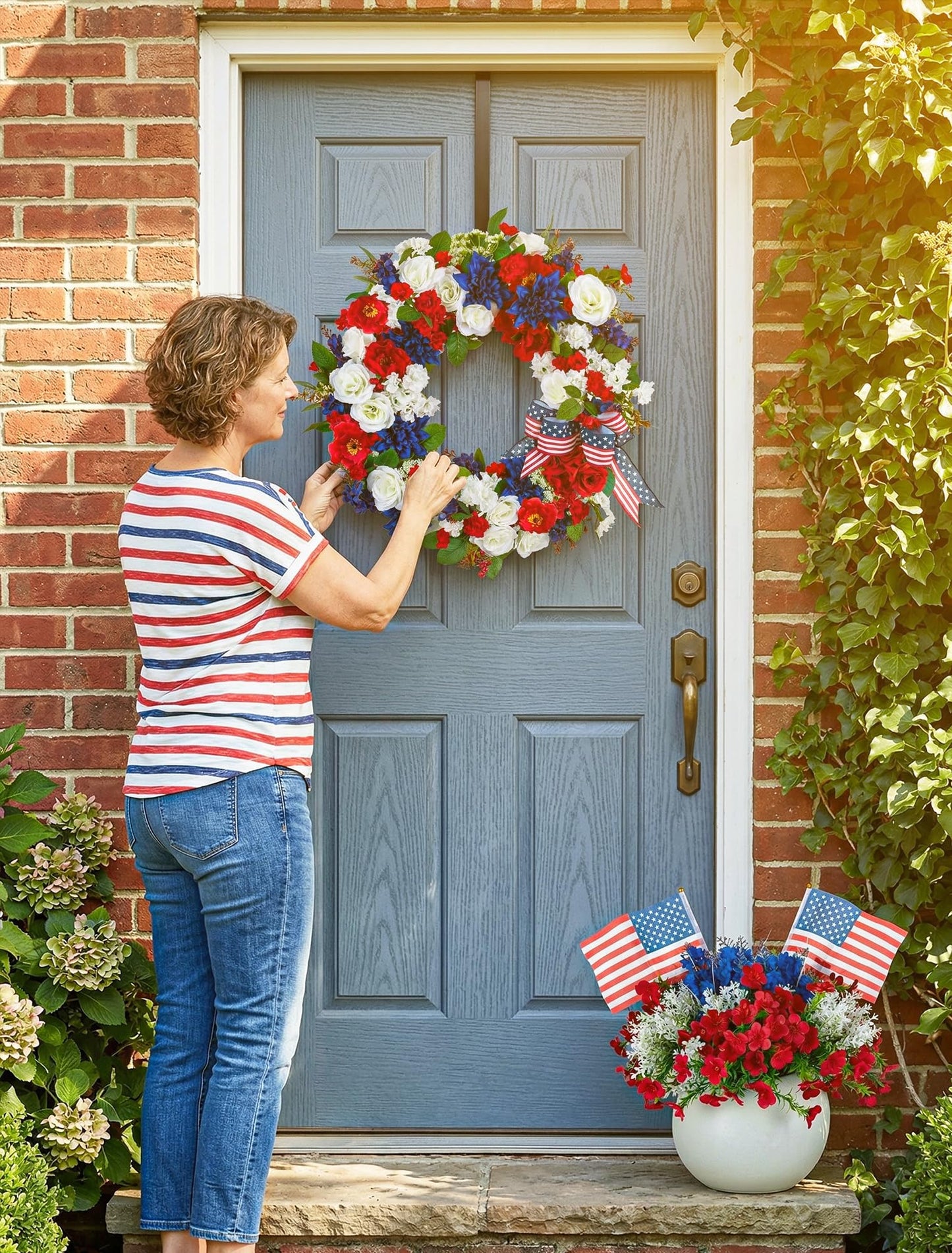 BLOSMON 4th of July Patriotic Wreath: Front Door 24 Inch Red White and Blue Wreaths 250 Anniversary USA Outdoor Decorations - Fourth of July America Summer Wreath with Hanger for Home Party Gift