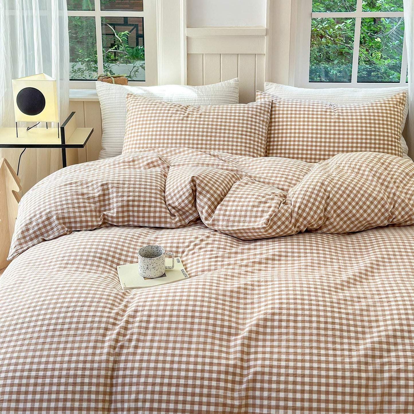 LifeTB Queen Comforter Set Tan Gingham Comforter Modern Style Beige Plaid Comforter Set 3 Pieces Fluffy Grid Checkered Comforter with 2 Pillowcases Boho Gingham Bedding Set Queen Size