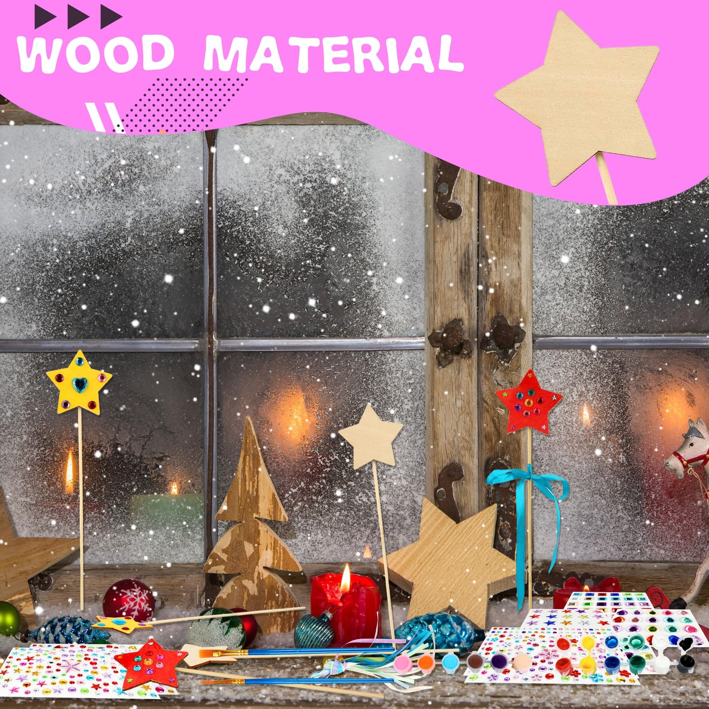 122 Pcs Unfinished Star Princess Fairy Wands Kit Make Your Own Princess Wand DIY Art Craft Magical Wand Include 48 Star Wooden Fairy Wands 24 Gem Stickers 48 Ribbons 12 Markers for Kids Party Supplies