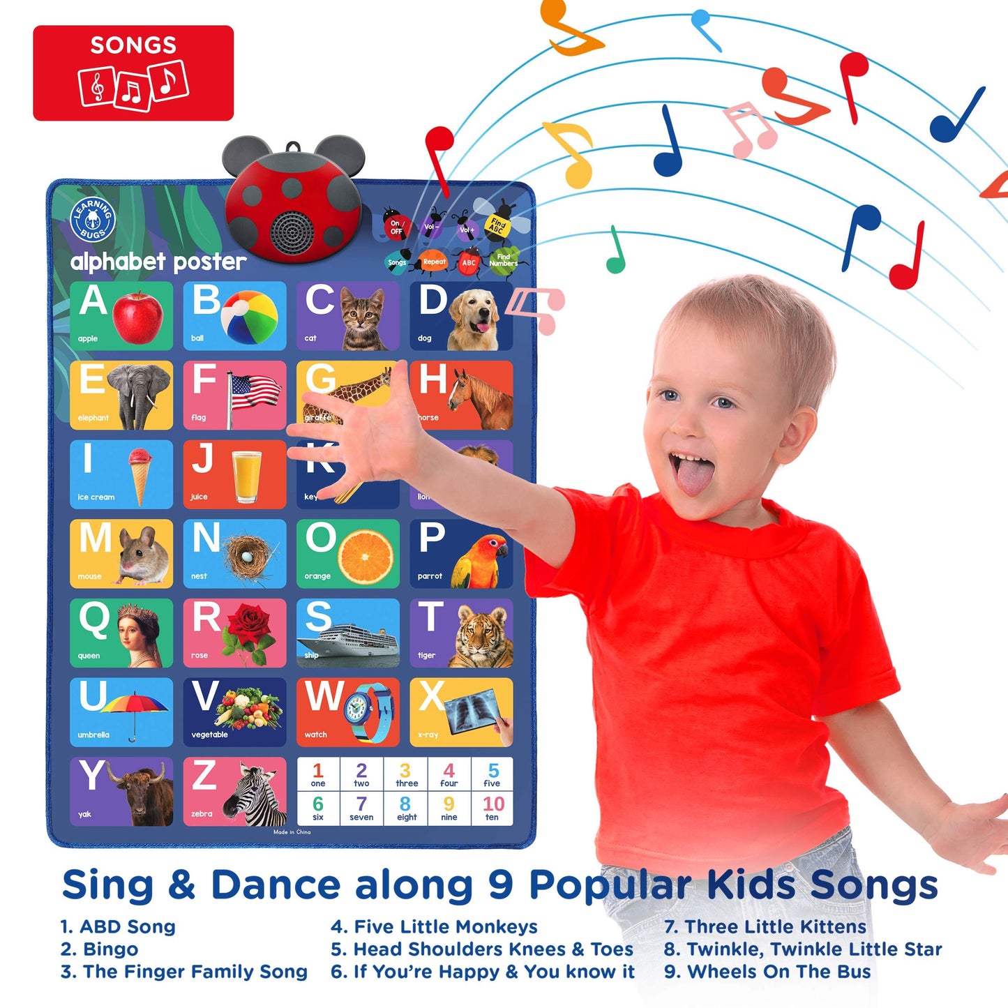 Learning Bugs Interactive ABC & 123s Talking Poster & Musical Wall Chart, Educational Toys for Toddlers