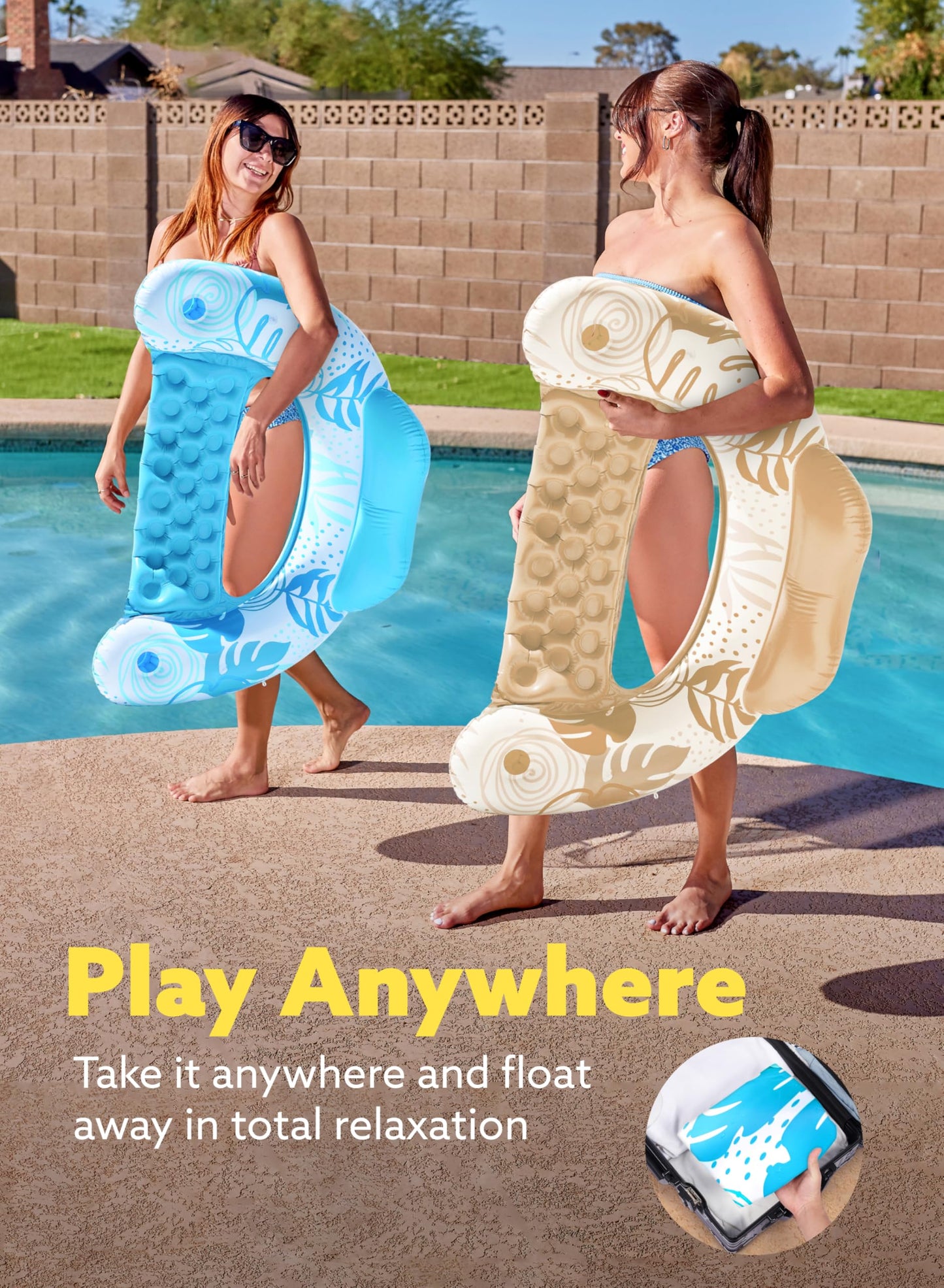 SLOOSH Inflatable Pool Floats Adult, 4 Pack Pool Chairs with Cup Holders,Blow up Floats Chair,Hammock Noodle Mat Leaves Design for Summer Water Fun Swimming Party Beach,Blue, Cyan, Pink, Champagne