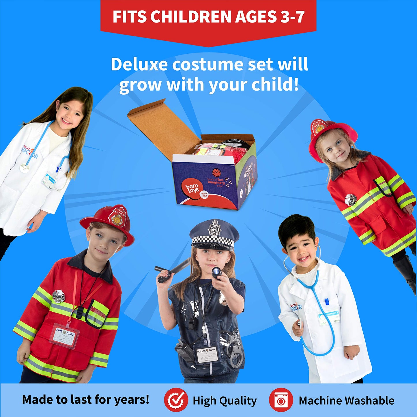 Born Toys Premium 16pcs Costume Dress up Set for Kids Ages 3-7 Fireman,Police Costume, and Doctor All Sets are Washable and Have Accessories
