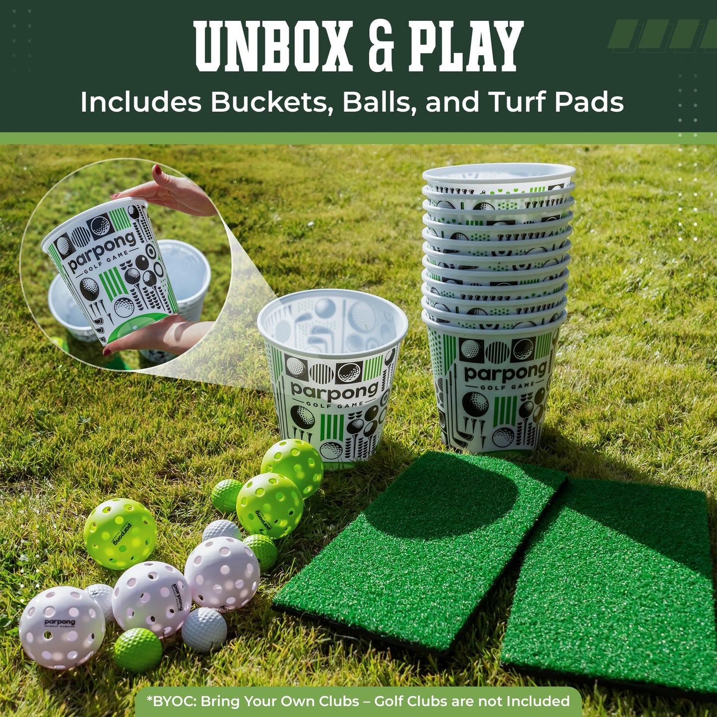 VULCANO SPORTS Par Pong Backyard Golf Chipping Game – Outdoor Golf Game with 12 Buckets, 2 Hitting Mats & Golf Balls – for Adults, Tailgating, BBQ, Parties & Gifts for Golfers.