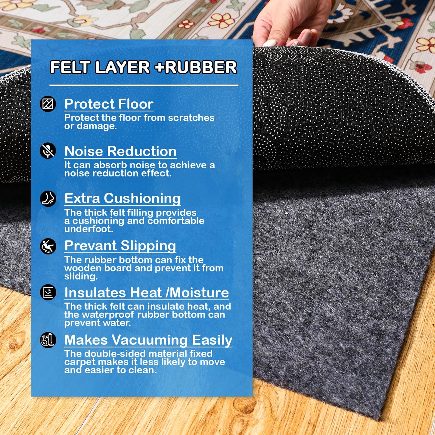 Non-Slip Rug Pads 7 x 10ft, 100% Waterproof Extra Large Area Rugs Non Skid Rug Pad for All Floors and Finishes Durable Hardwood Floor Protective Felt Keeps Rugs in Place, Safe and Secure