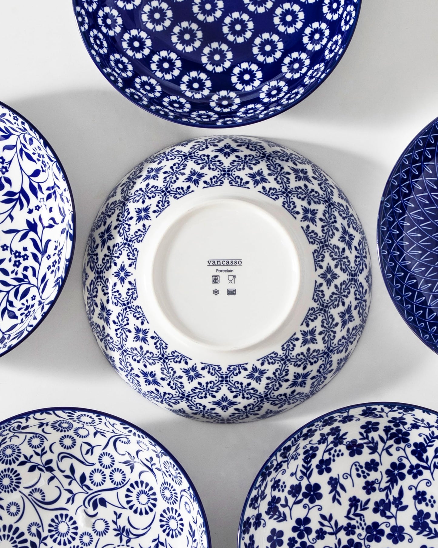 vancasso SELENE 50 oz Large Pasta Bowls Set of 6, Porcelain Serving Bowls, 9.5 Inch Wide Shallow Salad & Soup Bowls, Kitchen Pasta Plates, Microwave and Dishwasher Safe, Blue White Floral Design