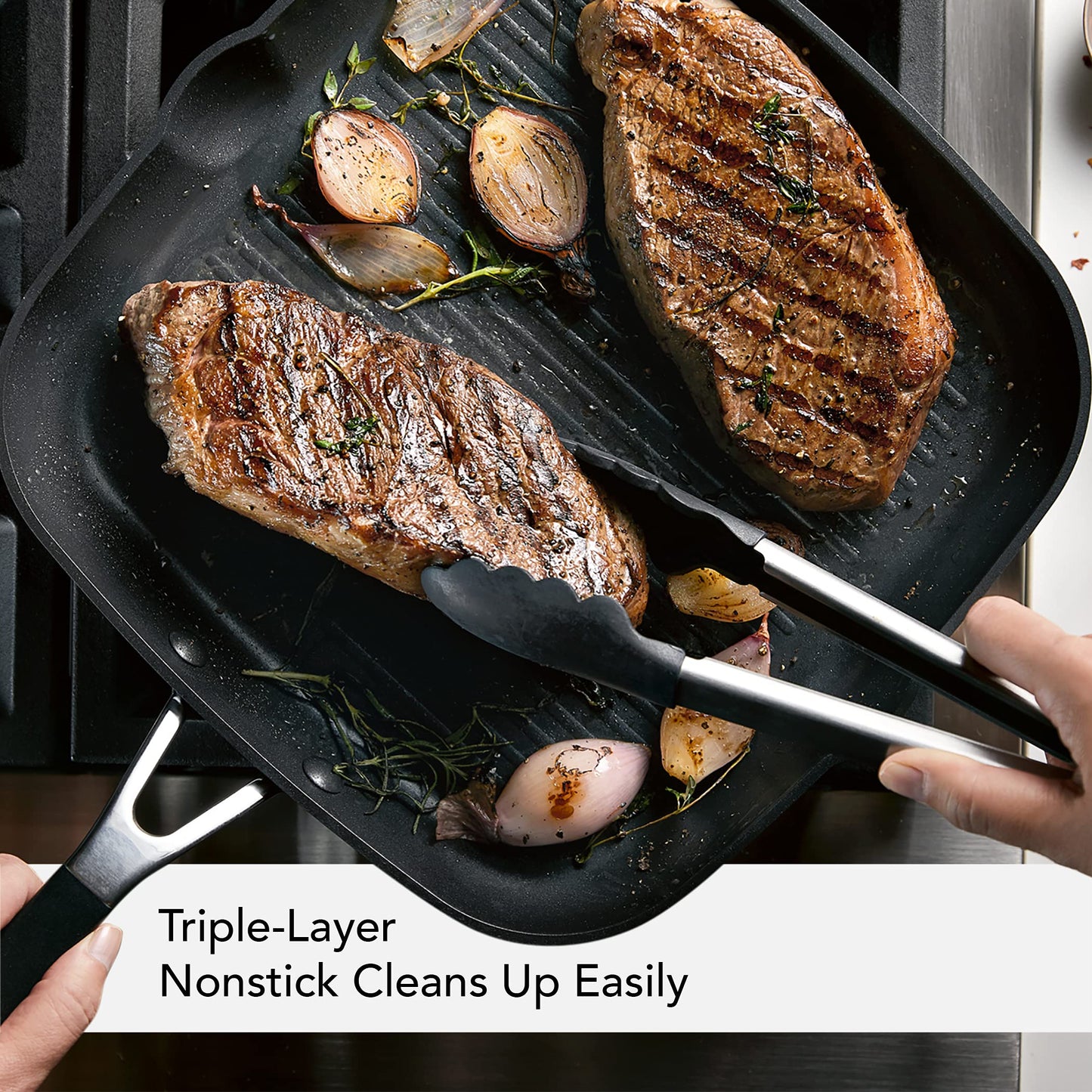 KitchenAid 84808 Hard Anodized Nonstick Square Grill Pan/Griddle with Pour Spouts, 11.25 Inch - Onyx Black
