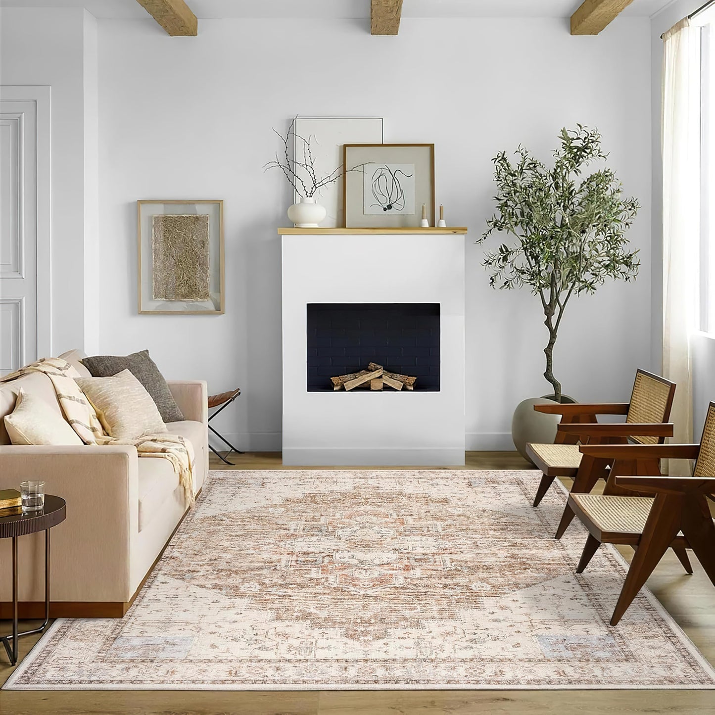 BILEEHOME Boho Farmhouse Bedroom Rug Washable Easy Clean Stain Resistant Vintage Country Rustic Neutral Persian Area Rug for Dining Room Under Table,Light Tan Brown Beig with Terracotta Pattern,5x8