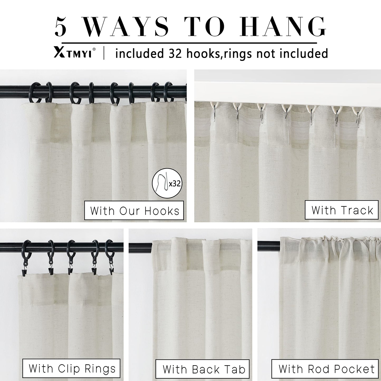 108 Inch Linen Curtains 2 Panels,With Heading Tape Hooks for Track System Back Tab,Stone Washed Cotton Flax Weave Sheer Extra Long Curtain for Living Room Bedroom,9FT 9 FT,Cream(Ivory/Off White)