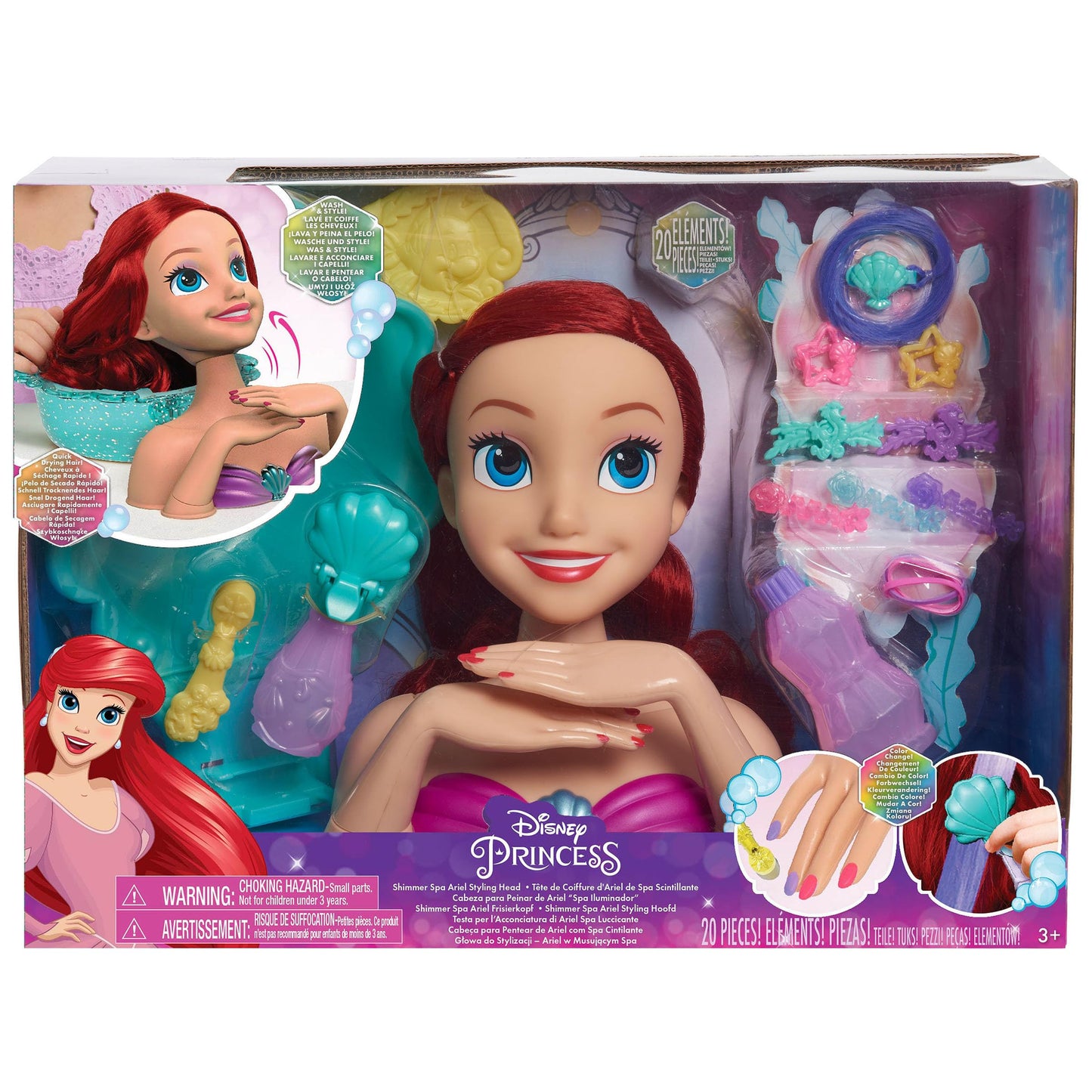 Disney Princess Shimmer Spa Ariel 8-inch Styling Head, 20-Pieces, Red Hair, Pretend Play