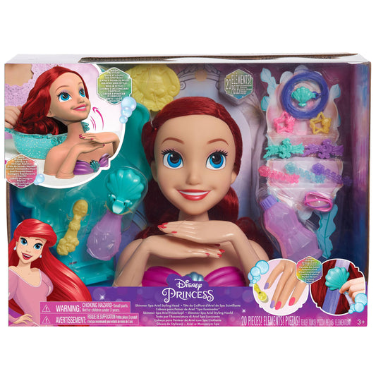 Disney Princess Shimmer Spa Ariel 8-inch Styling Head, 20-Pieces, Red Hair, Pretend Play