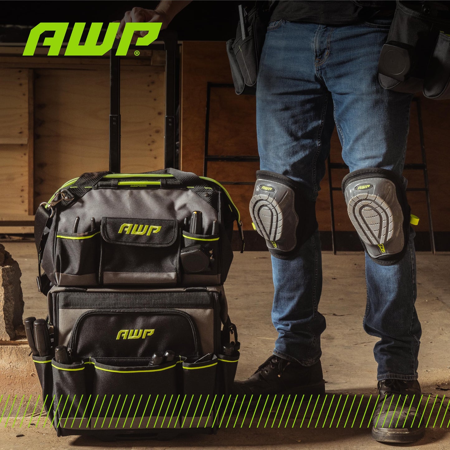 AWP Gel Stabilizer Flooring Roofing, Decking Non-Skid Knee Pads with Dual Layer Padding and Shock Stabilizer Caps | One Size