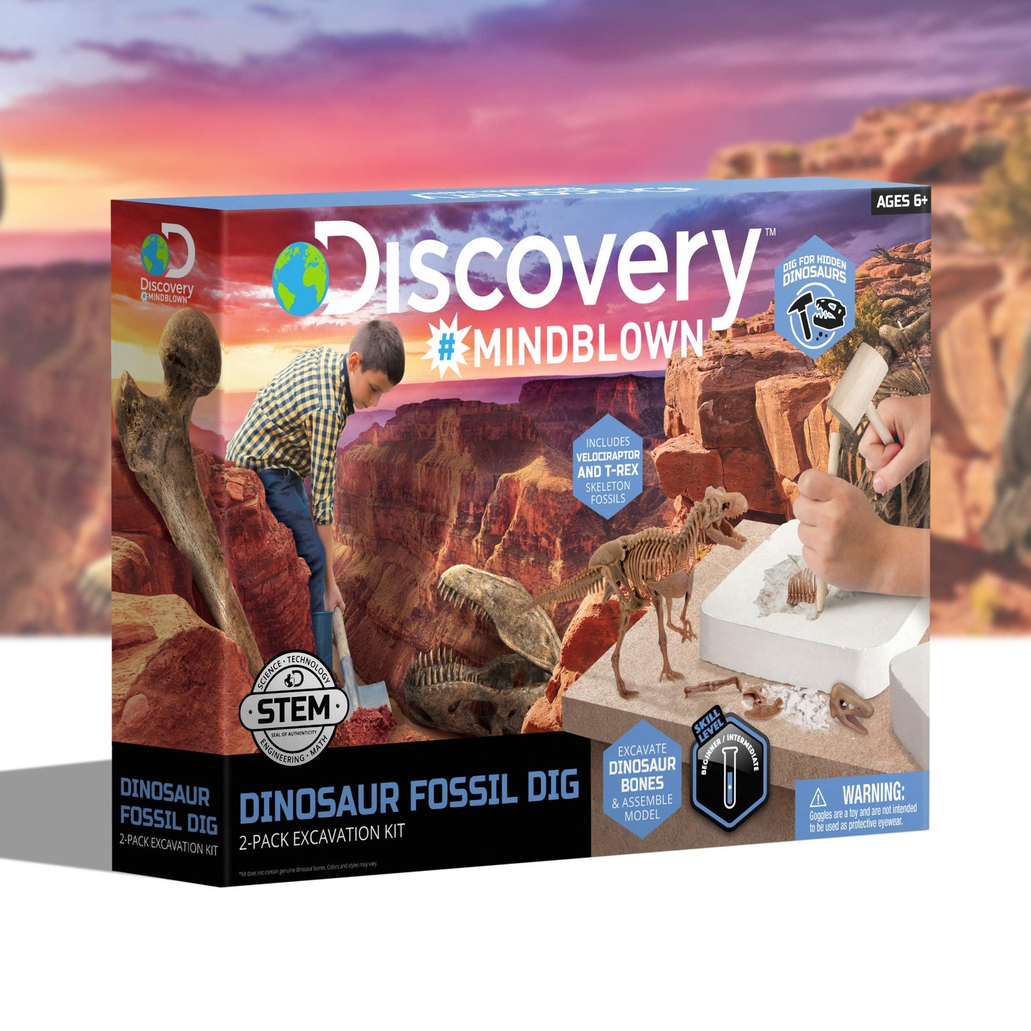 Discovery #MINDBLOWN Dinosaur Fossil Dig Excavation Kit, 15-Piece T-Rex & 10-Piece Velociraptor, 3D Skeleton Puzzle Display Models, Includes Tools & Safety Glasses, Jurassic Dino Toy for Kids