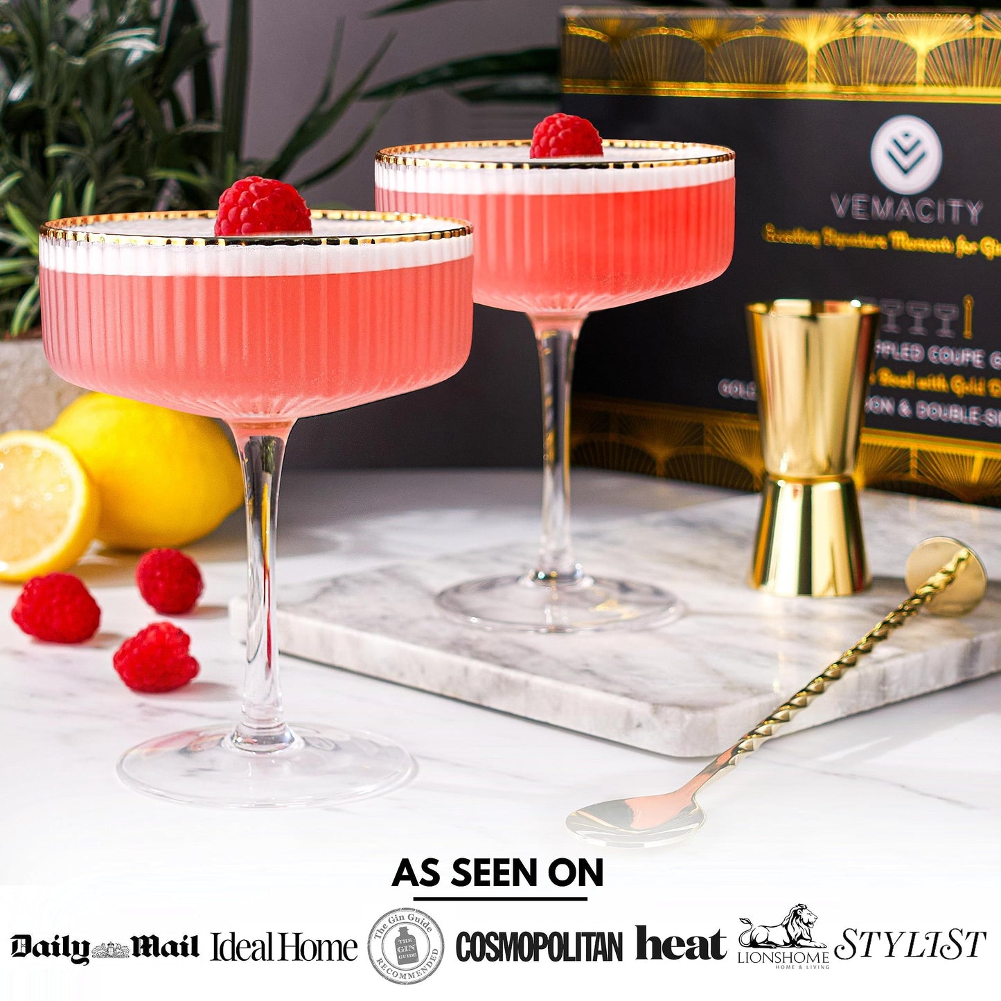 VEMACITY Ribbed Espresso Martini Glasses set of 4 with Gold Rims & Bar Tools | Beautiful Ribbed Coupe Glasses Set of 4 (10oz) | Versatile Champagne, Cosmopolitan, Margarita, Coupe Martini Glassware