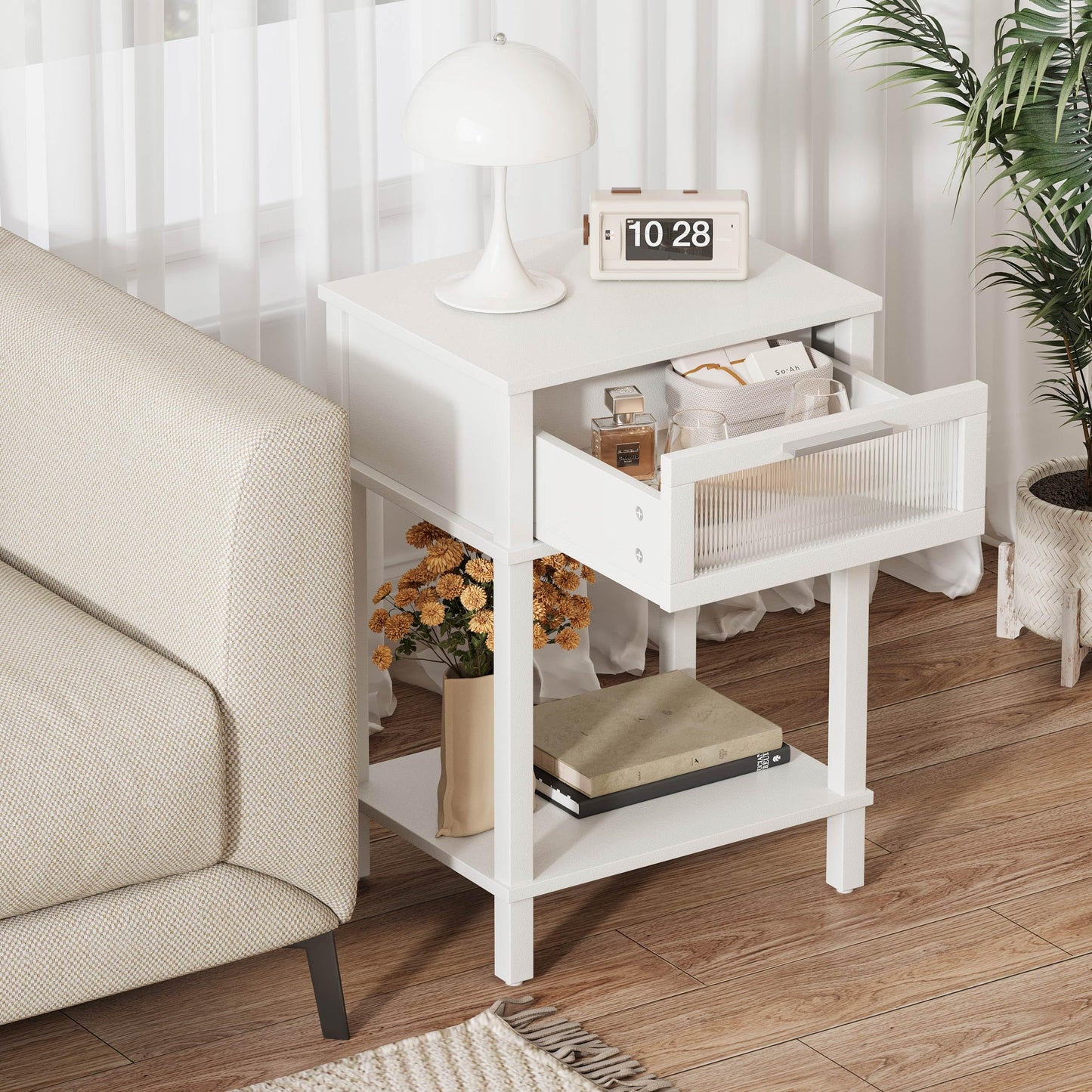 Nightstand Wooden Bedside Table with Drawer White Night Stands Modern Style Small End Table Side Table with Storage Shelf for Bedroom Living Room MLBZ10W