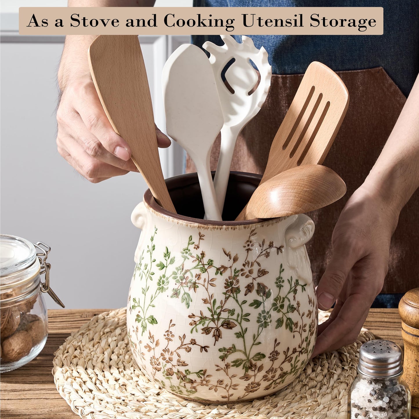 Jemirry Utensil Holder for Kitchen Counter, Modern Farmhouse Rustic Cooking Utensil Holder and Crock, Exquisite Chinoiserie Floral Ceramic Utensil Organizer for Home Kitchen Decor- Green and Beige