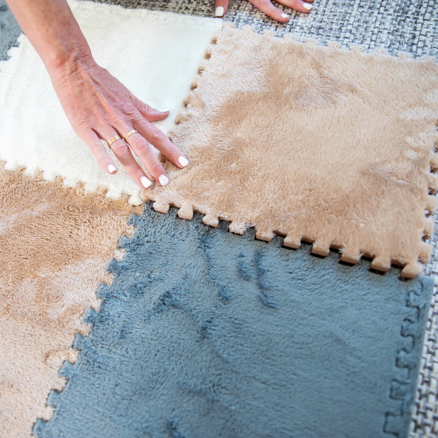 16 Piece Carpet Squares Puzzle Mat 49" x 49" Plush Interlocking Carpet Tiles, Foam Floor Tiles for Baby Play Mat - Kids Soft Play Mats Anti Slip Jigsaw Flooring Playmat Playroom Rug (Brown,Gray,White)