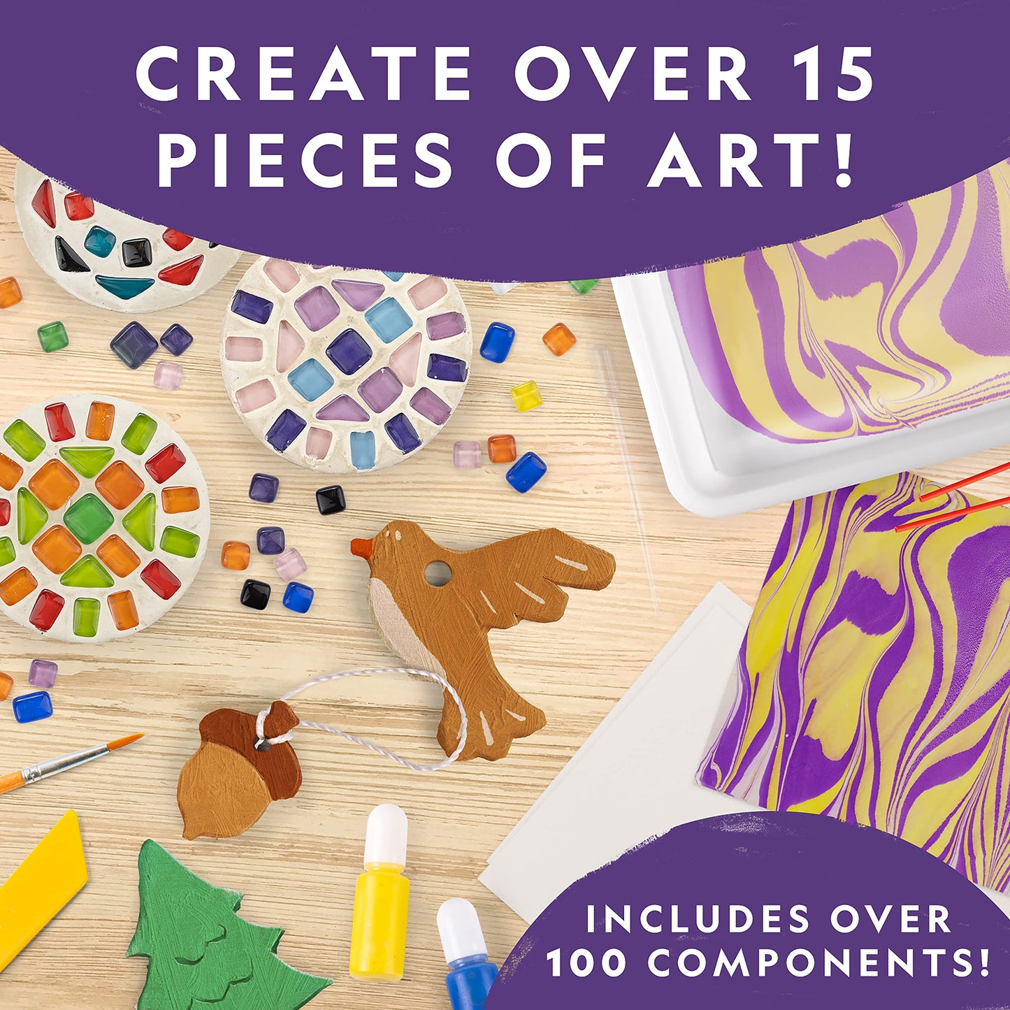 National Geographic Mega Arts and Crafts Kit for Kids – Mosaic, Marbling Paint & Air Dry Clay Pottery Kit – Art Projects for Kids Ages 8-12, Boys and Girls