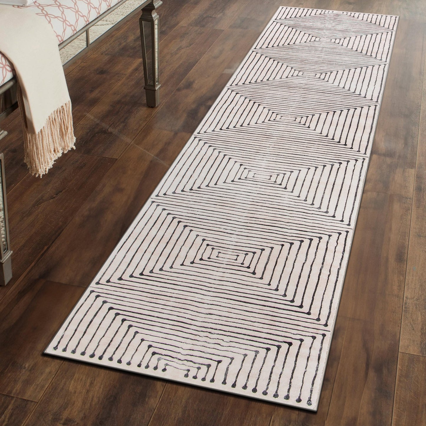 Rugshop Marbella Bohemian Stripes Washable Non Slip Runner Rug 2' x 6' Beige