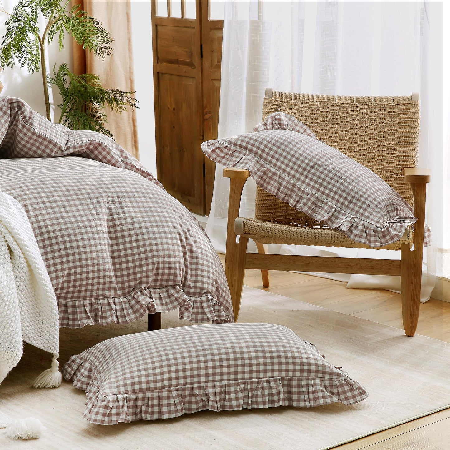 ATsense Tan Gingham Duvet Cover Bedding Set 100% Washed Cotton Like Linen Feel Soft Breathable 3 Pcs Brown Plaid Checkered Cute Ruffle Comforter Cover Set (Queen 90"x90", No Comforter)