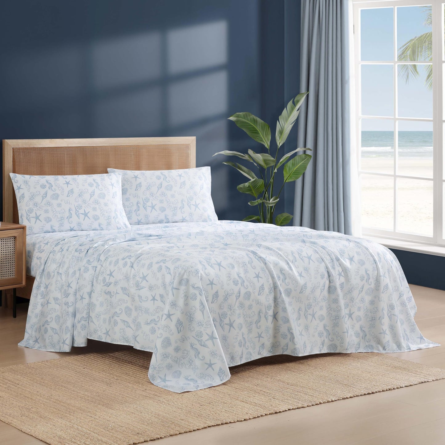 Caribbean Joe Coastal Print Microfiber Sheet Set, Soft, Comfy, 12" Deep Pockets, 4-Piece Full, Coastal Brocade