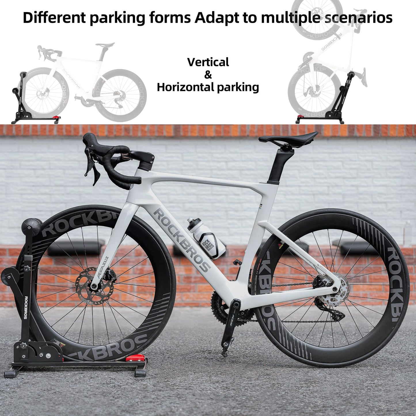 ROCKBROS Bike Stand 2-in-1 Vertical & Horizontal Bike Stand Floor Foldable Adjustable Bike Parking Rack for 24" -27.5" Mountain Road Bike Indoor Storage Garage