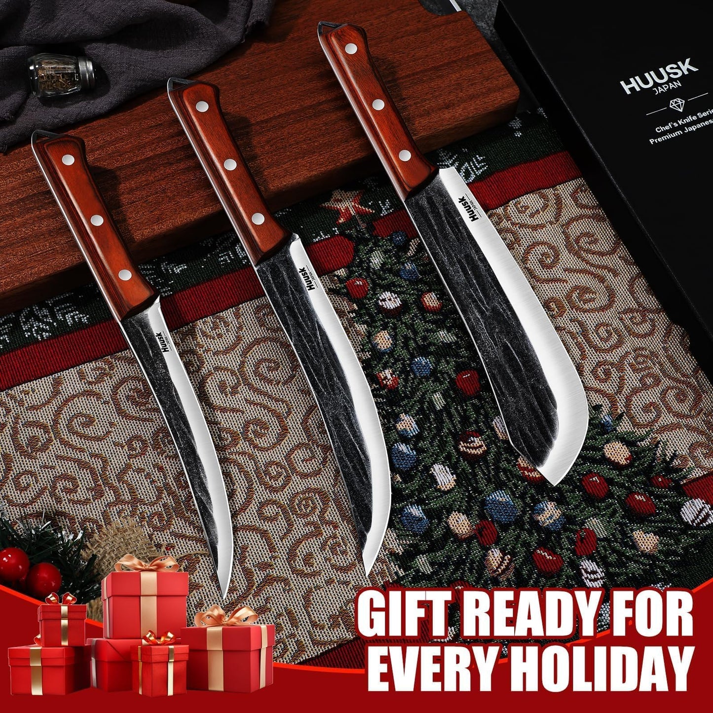 Huusk Butcher Knife Set for Meat Cutting, 3PCS Carving BBQ Brisket Knives, Hand-forged Kitchen Knive Set with Ergonomic Handle, Gifts for Men Women