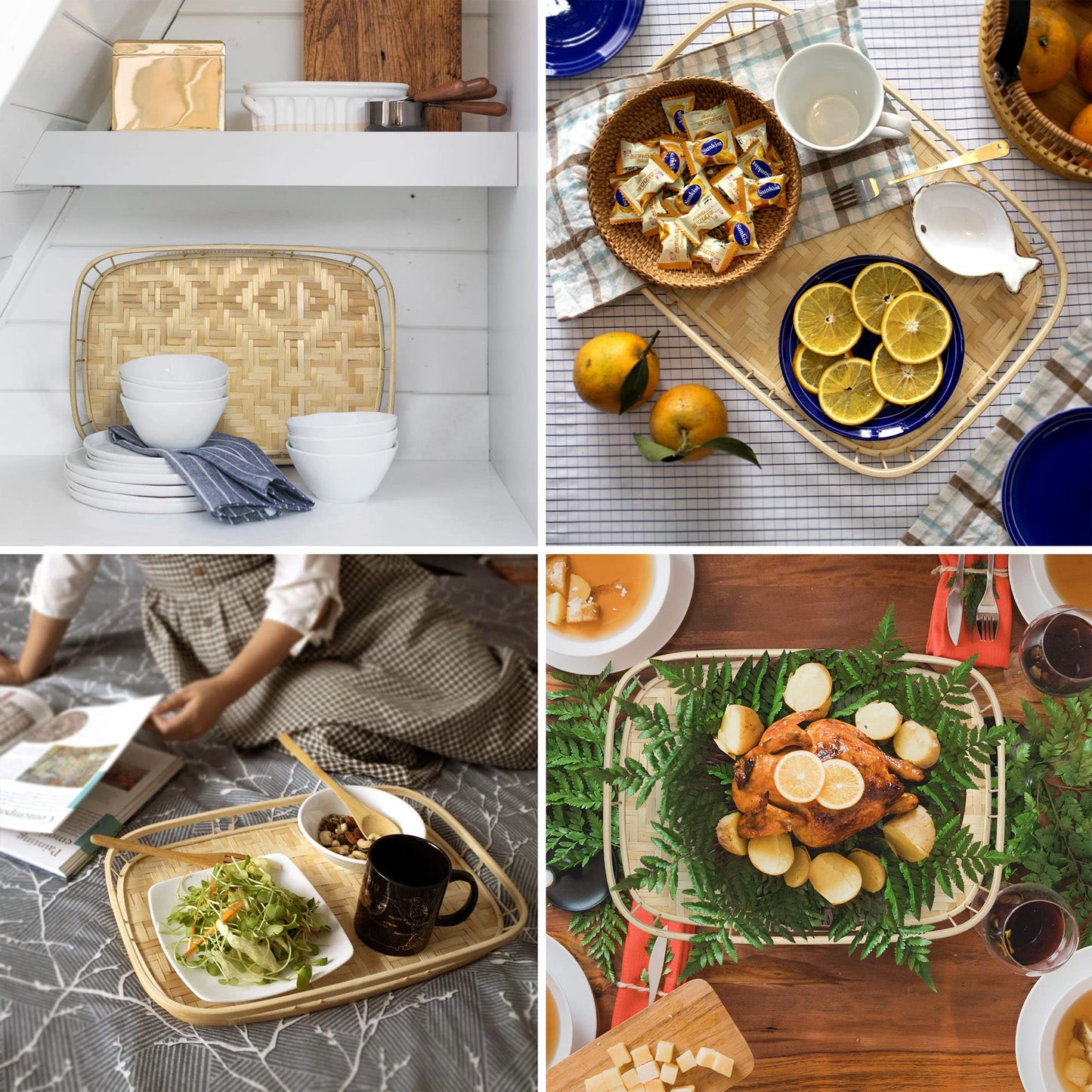 PEMAR Set of 6 Bamboo Wicker Serving Trays for Foods and Drinks, Rectangular Lap Trays for Breakfast. Decorative Bamboo Wood Basket Platters for Coffee Table, Picnic, Bed Eating