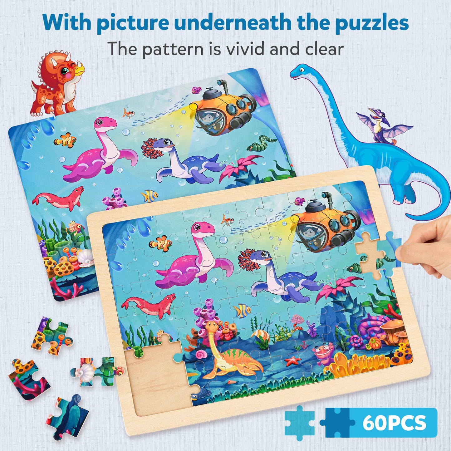SYNARRY Wooden Dnosaurs Puzzles for Kids Ages 4-8, 6 Packs 60 PCs Jigsaw Puzzles for Kids 3-5, Kids Wood Puzzles Educational Toys Gifts Ages 3 4 5 6 7 8 Year Olds Boys Girls