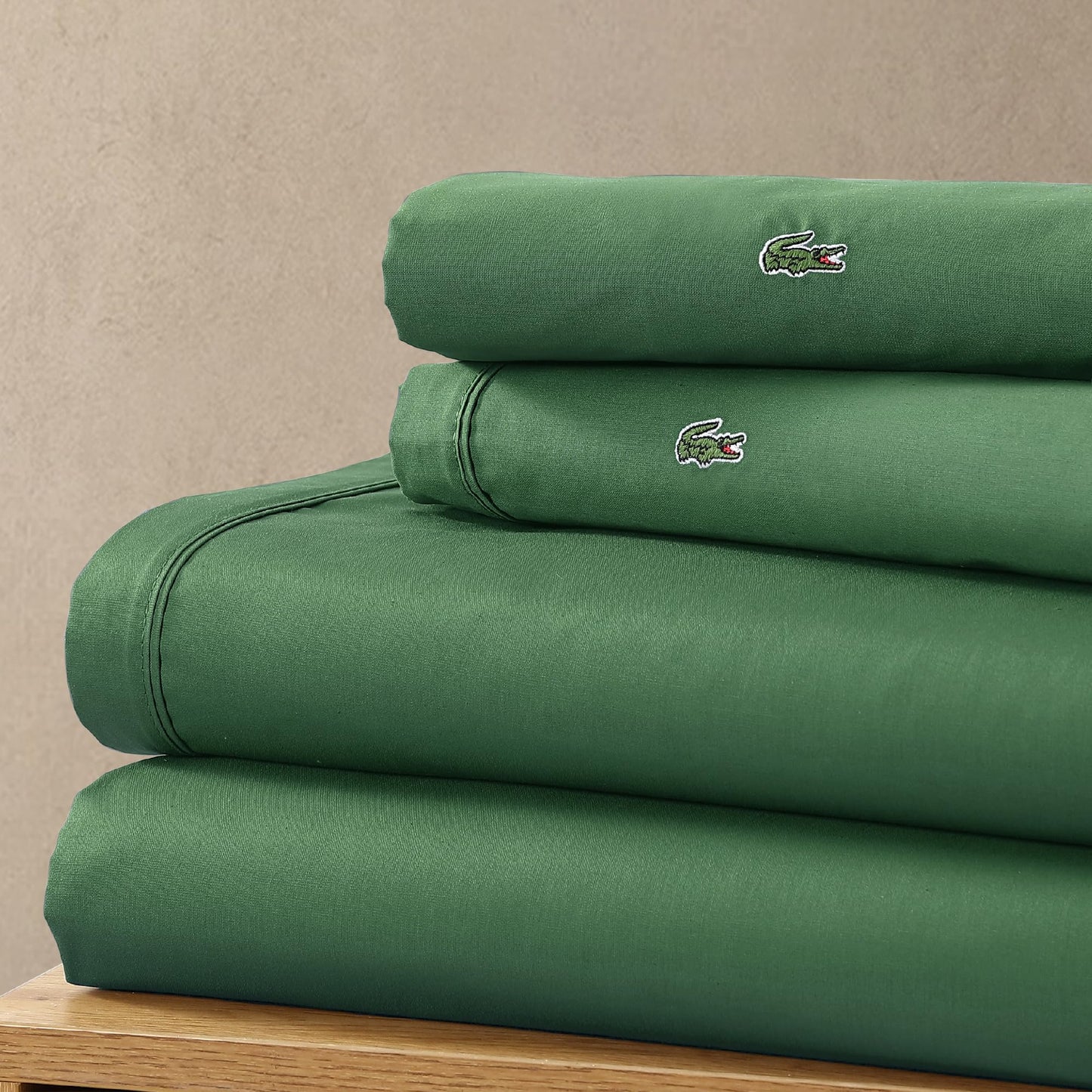 Lacoste 100% Cotton Percale 4-Piece Sheet Set – Crisp Cool Breathable All-Season Bedding, Oeko-Tex Certified, Soft Matte Finish, Durable Premium Cotton – Solid, Green, Queen