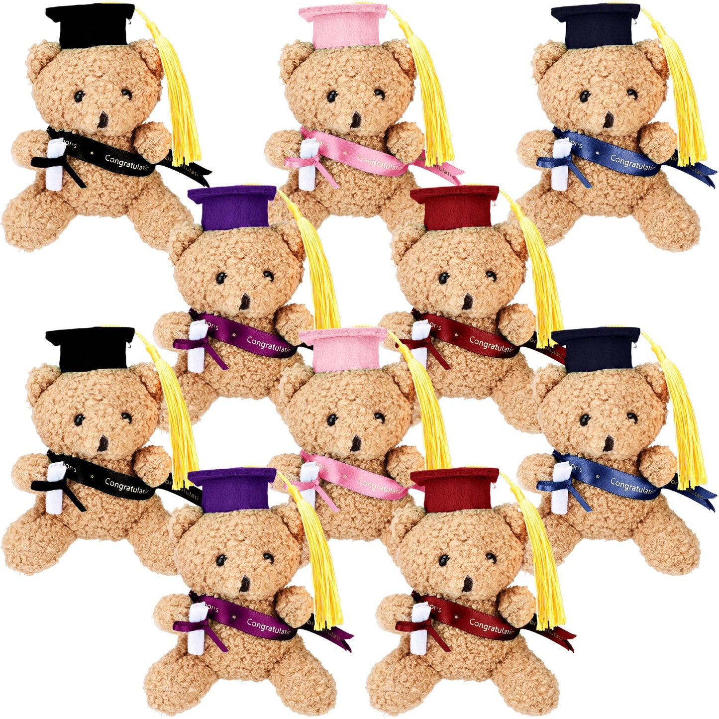 Mikasee 10 Pcs Mini Preschool Graduation Bear Bulk Set Soft Stuffed Bears with Cap, Sash Diploma, Graduation Gift for Preschool Graduation