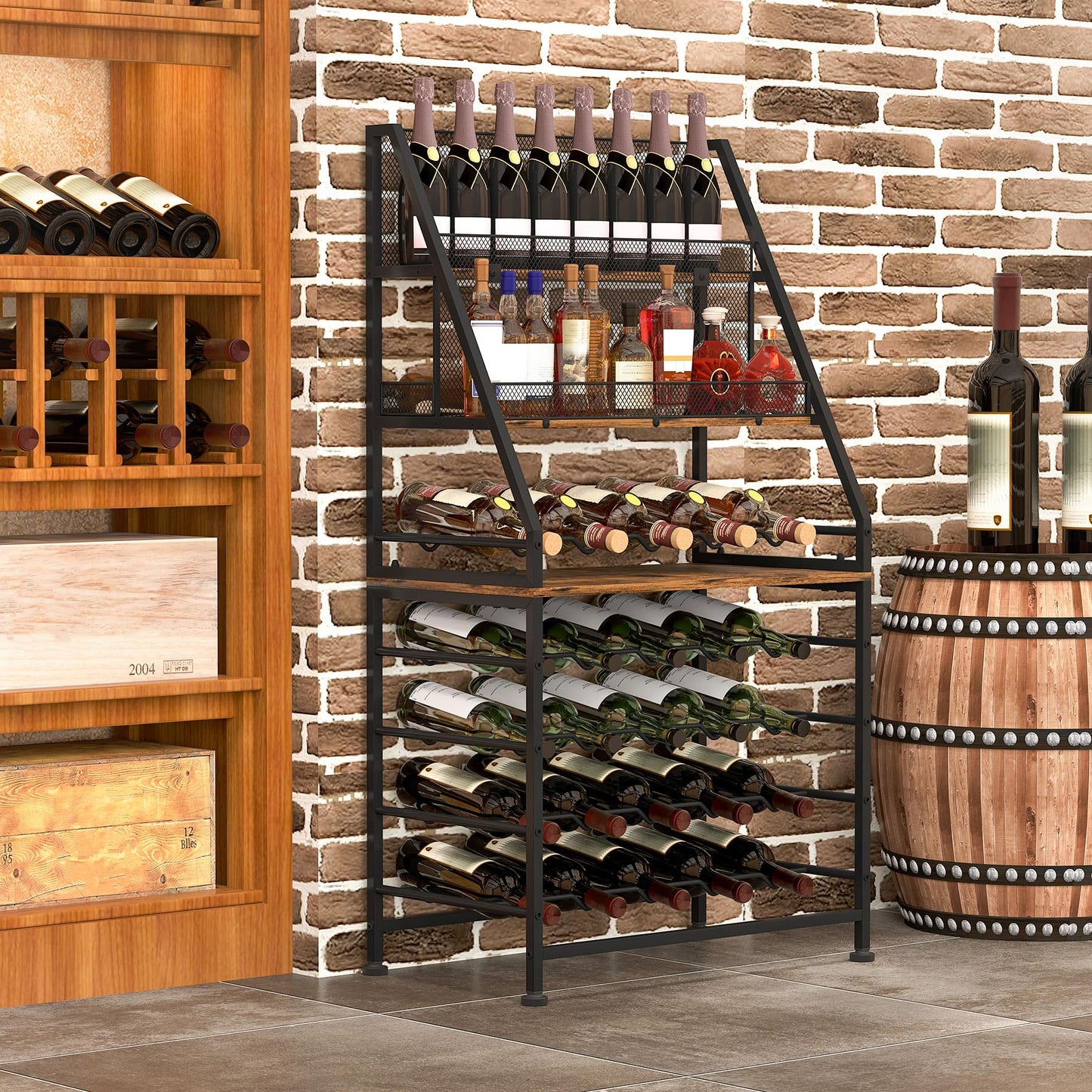 TQVAI Wine Rack Freestanding Floor Modular Split 40 Bottles Vertical Countertop Wine Racks Tall Liquor Bottle Display Shelf with Hidden Cork Organizer for Home Bar, Black/Antique