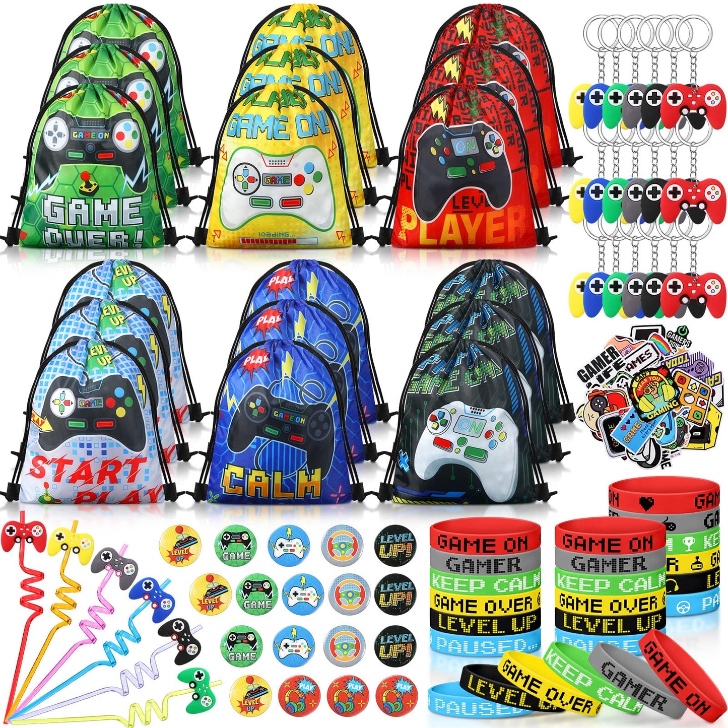 Sadnyy 140 Pcs Video Game Party Favors Birthday Party Decorations Supplies Drawstring Bags with Silicone Bracelets Keychains Straws Button Pins Stickers for Classroom Rewards Goodie Bags Stuffers