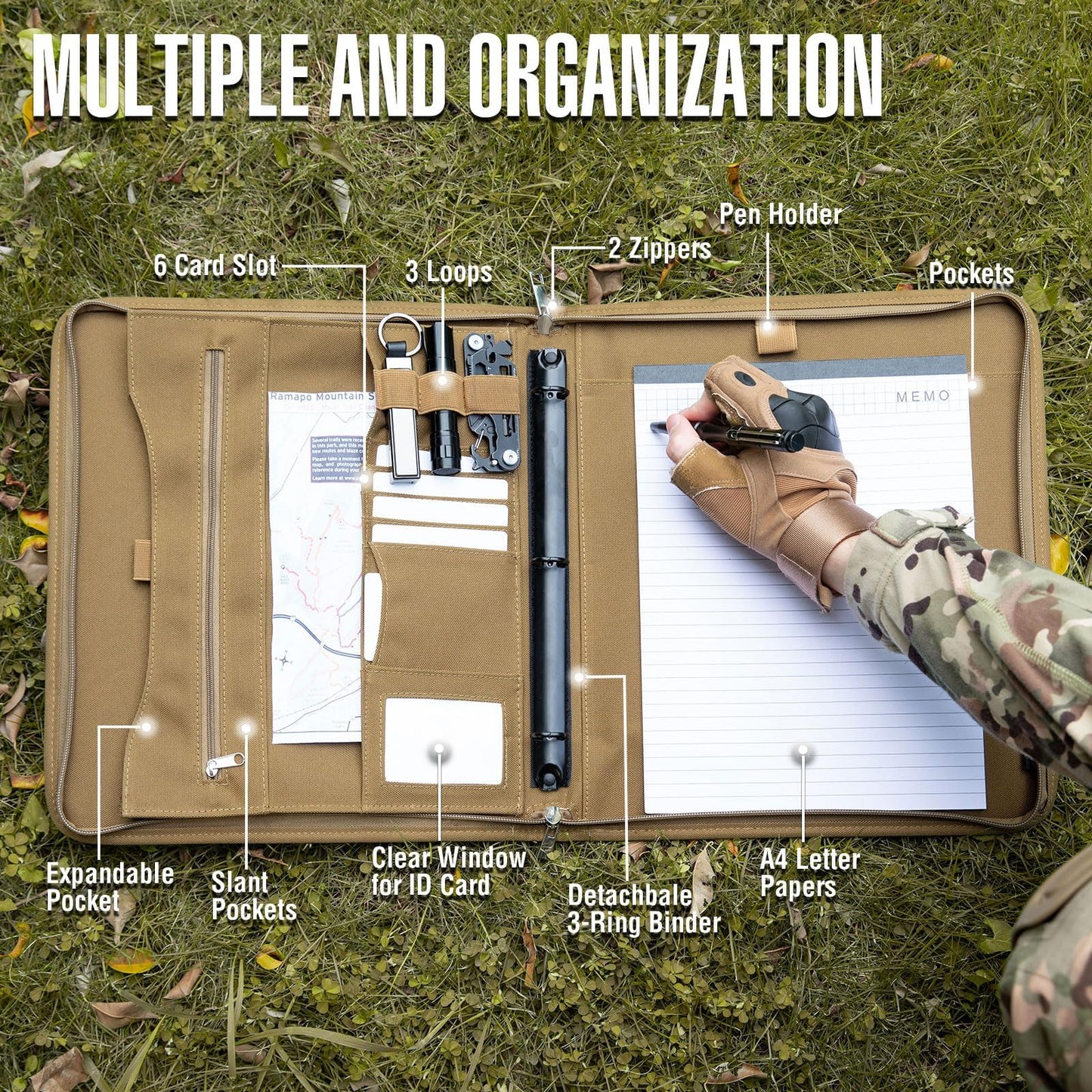 Kosibate Tactical Padfolio Portfolio Binder with Zipper and 25 Sheets of Letter Size Paper,Notebook Cover,Tactical Notebook with Zippered for Folders,Detachable 3-Ring Binder(A4,Khaki,13.5X 11.5Inch)