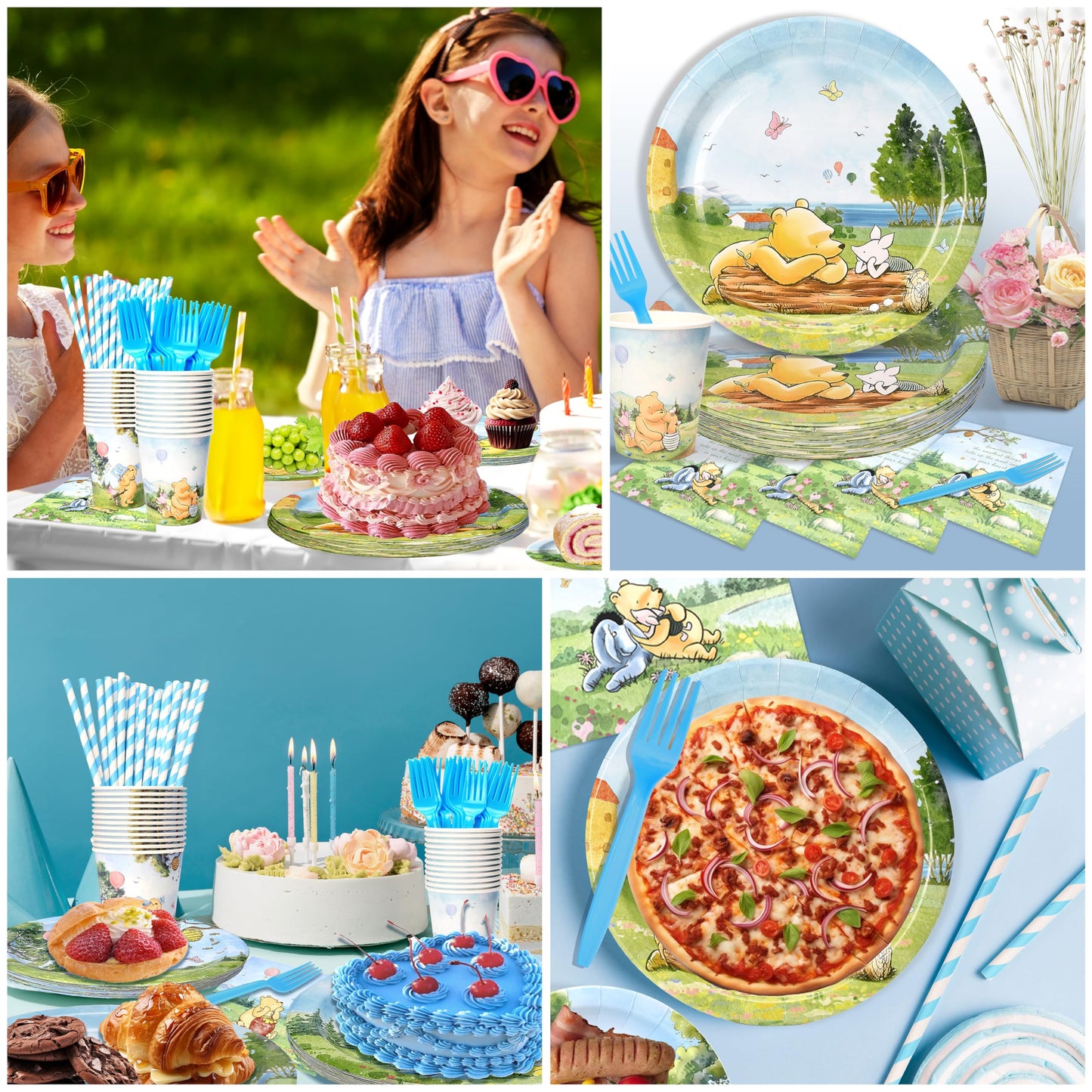 Vistico 300 Pcs Winnie Bear Baby Shower Plates and Napkins Tableware Set, Plates Napkins Cups Straws and Forks Sets, Winnie Baby Shower Decorations Birthday Party Supplies, Serves 50 Guests
