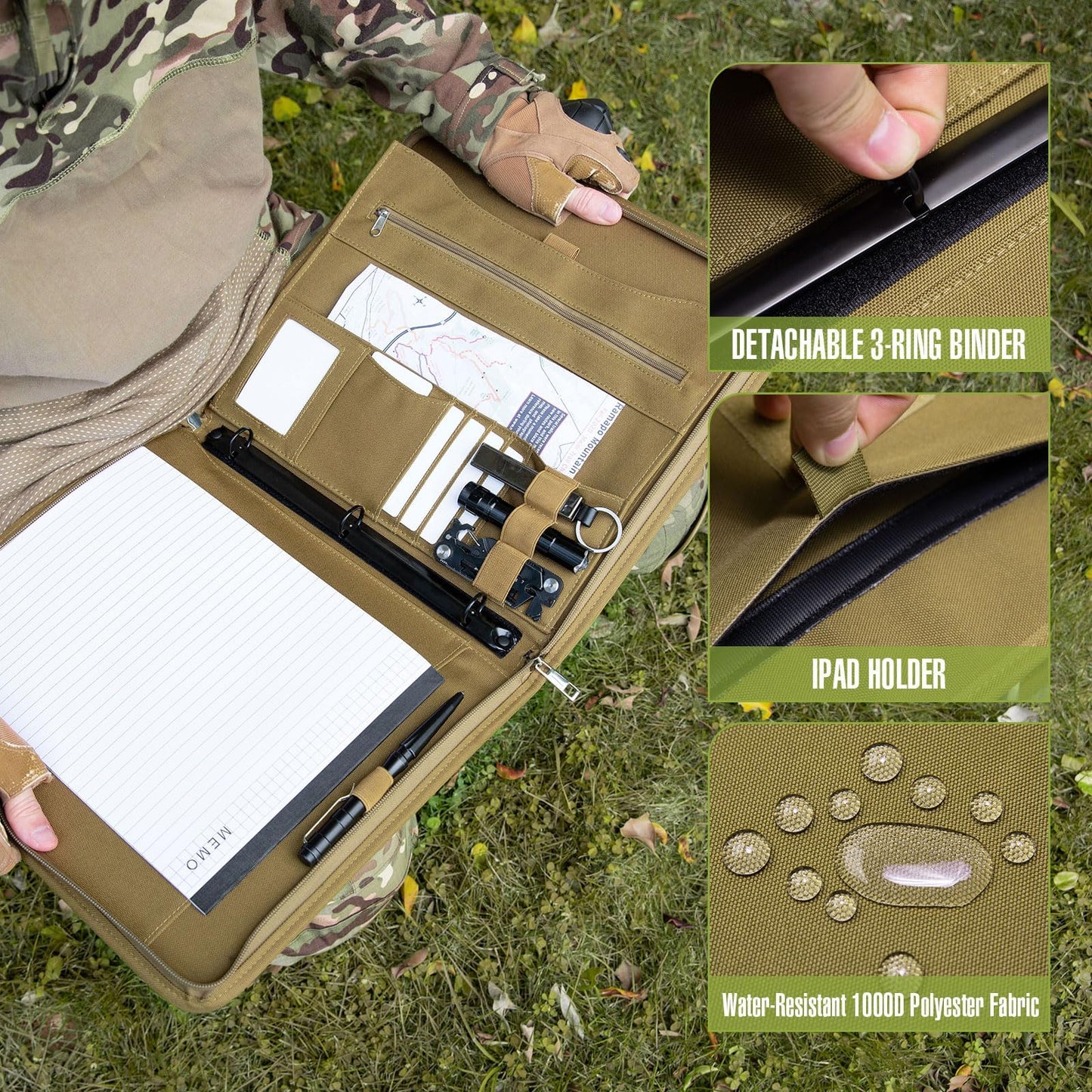 Kosibate Tactical Padfolio Portfolio Binder with Zipper and 25 Sheets of Letter Size Paper,Notebook Cover,Tactical Notebook with Zippered for Folders,Detachable 3-Ring Binder(A4,Khaki,13.5X 11.5Inch)