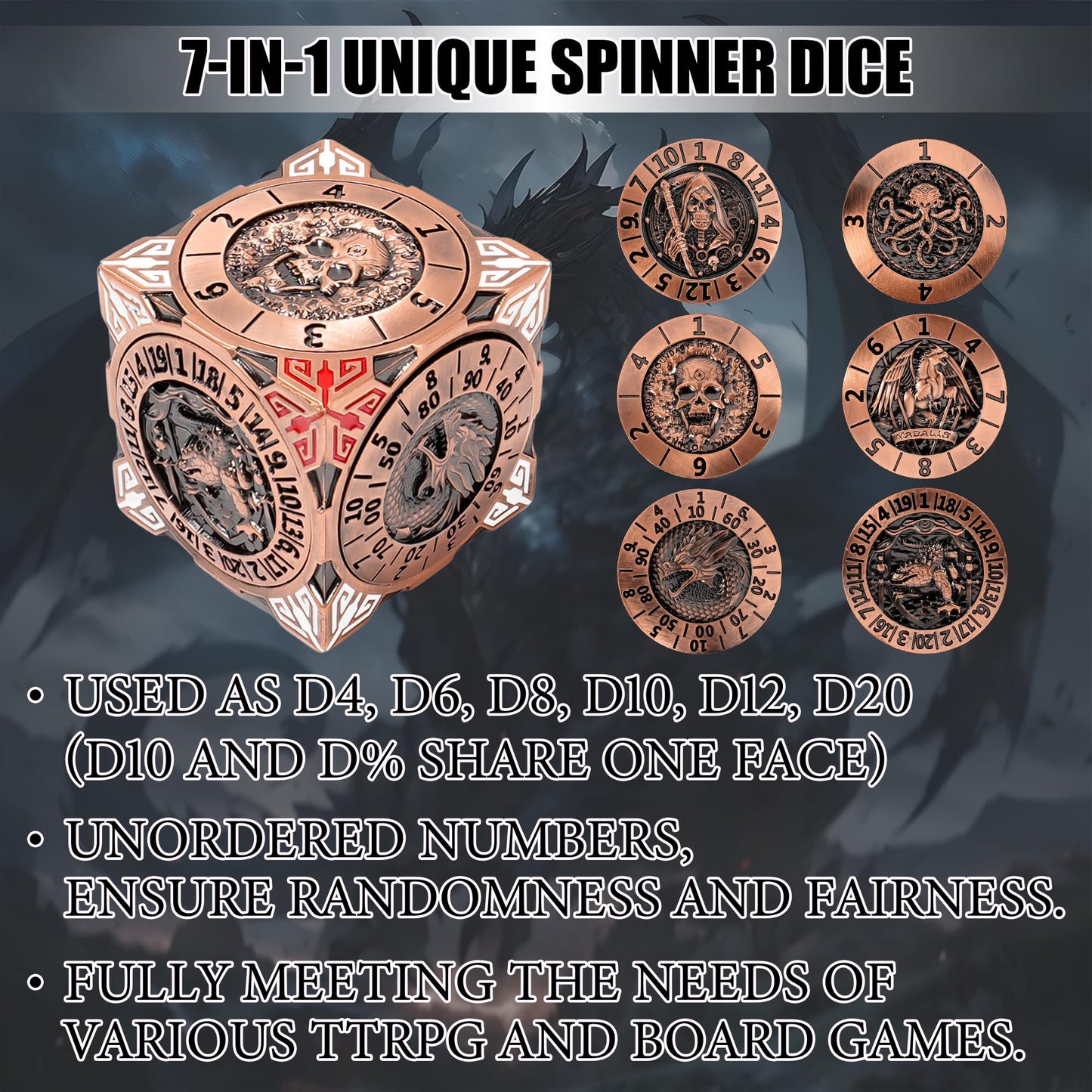 Froggod Roulette Dice Spinner 7-in-1 Metal DND Dice Set with 3D Relief – Mechanical DND Spinner for Dungeons and Dragons Gifts, DM & Players(Ancient Gold)