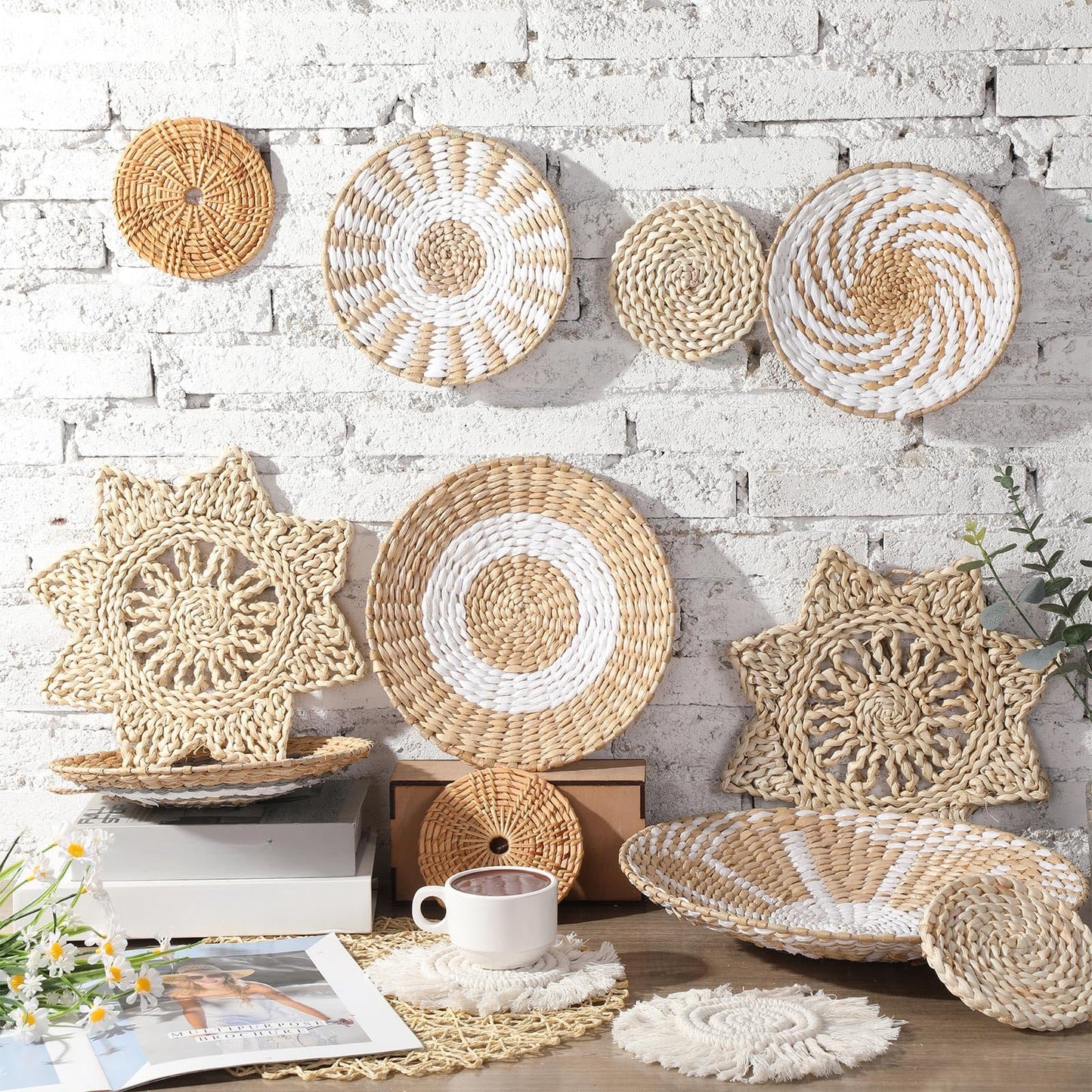 Anglechic 15 Pcs Boho Wall Basket Decor Woven Rattan Seagrass Wall Decor Hanging Rustic Farmhouse Western Art Decoration for Nursery Living Room Bedroom Home Kitchen(Grey White Style)