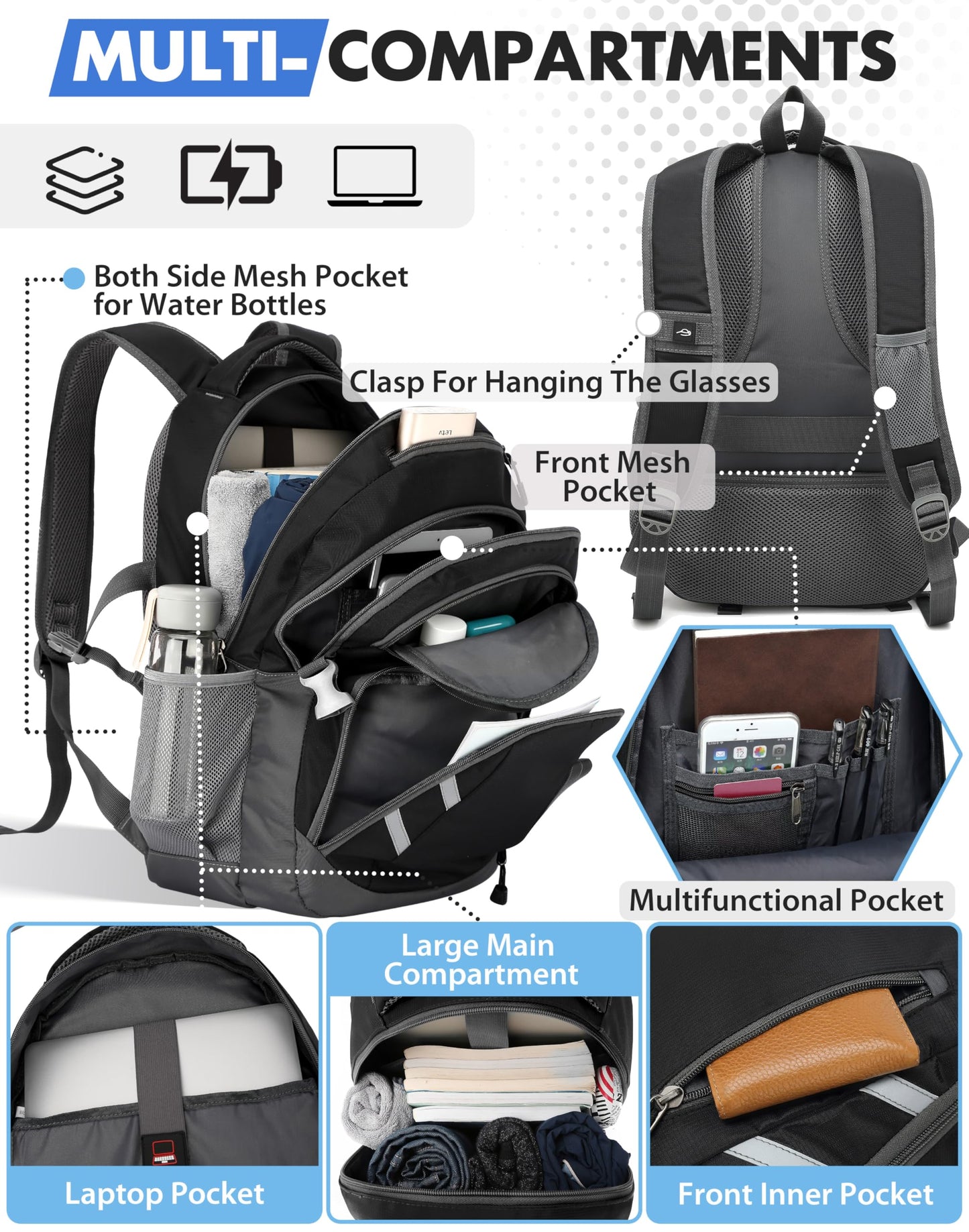 ProEtrade Backpack Bookbag for College Laptop Travel, Fit Laptop Up to 15.6 inch with USB Charging Port Multi Compartment Anti theft, Gift for Women Men (Black)