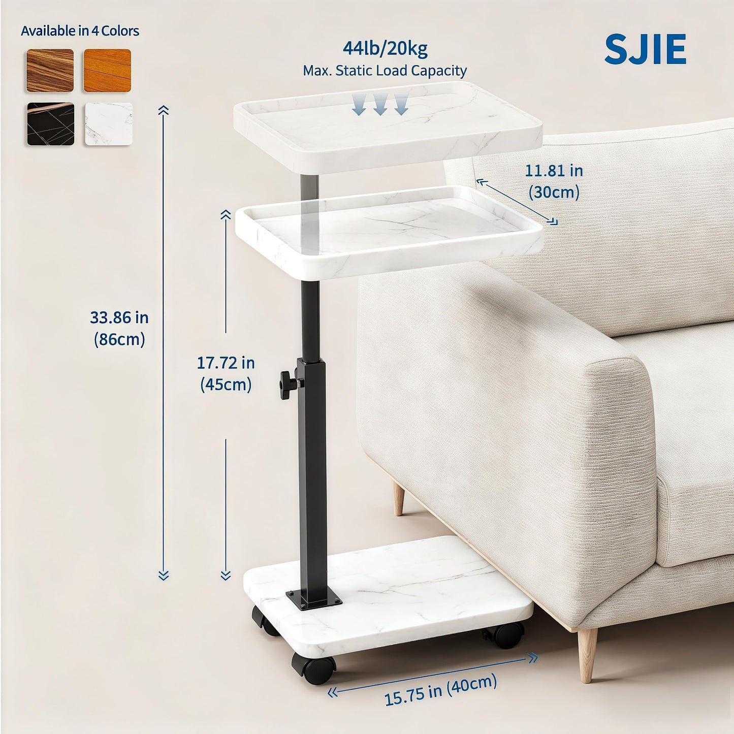 SJIE C Table End Table Adjustable Height, 360°Swivel TV Tray Table for Small Spaces, Side Tables with Wheels for Living Room and Bedroom, Bed (White)