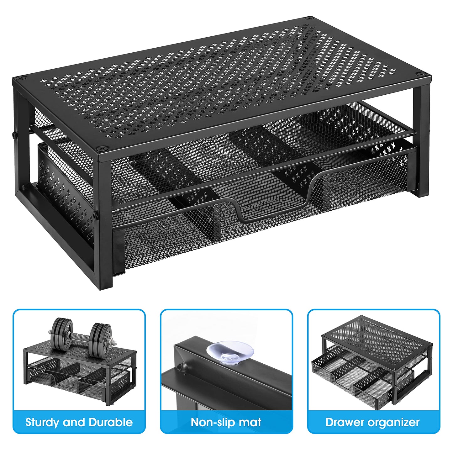 Simple Trending 2 Pack 2 Tier Metal Monitor Riser Stand and Computer Desk Organizer with Drawer, Black