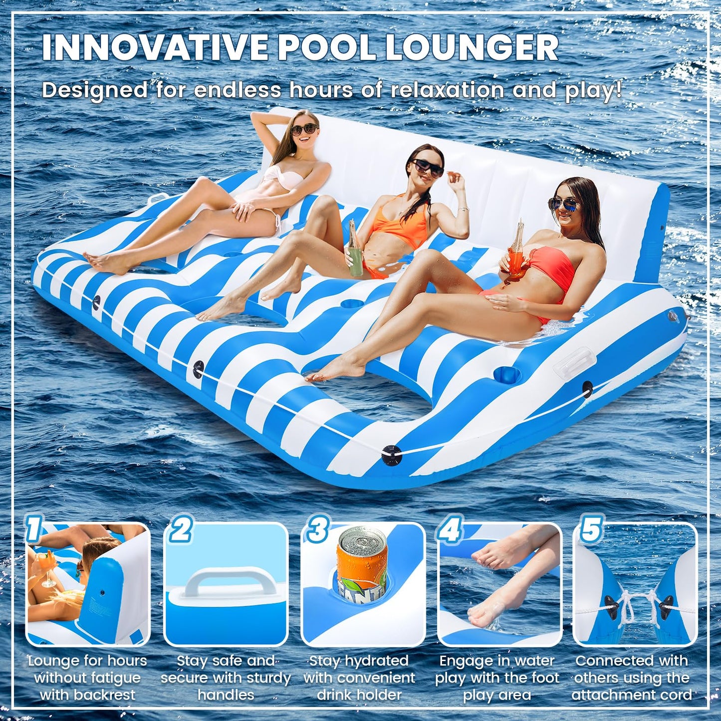 SULDUO 3 Person Inflatable Pool Lounger Float for Adults, Giant Pool Floats Chair Lounge with 3 Backrests and Cup Phone Holder, Water Tanning Pool Raft Party Toys for Outdoor, Beach, Lake, River, Sea
