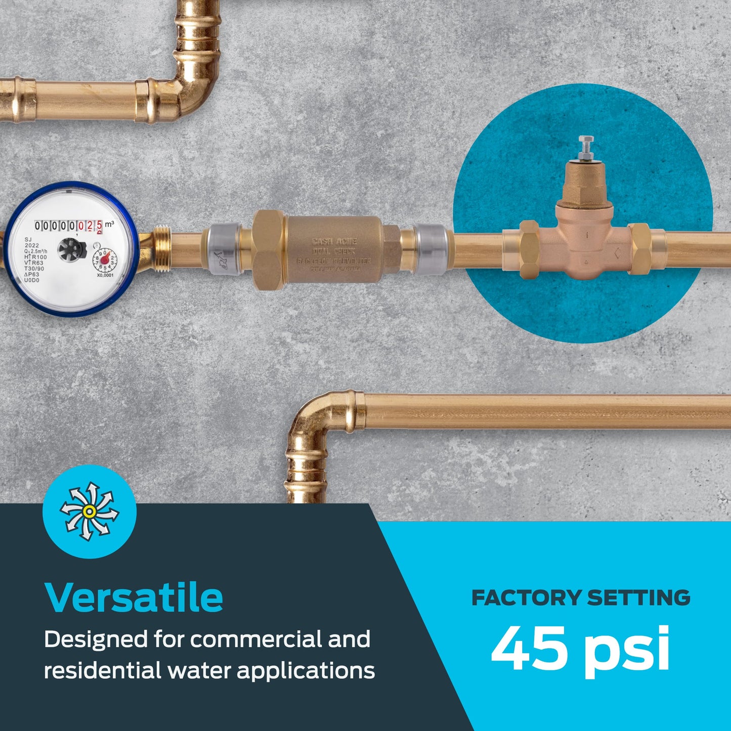 Cash Acme EB45 Pressure Regulating Valve, Double Union, 1 Inch NPT Female, Brass Top, 45 PSI, 23156-0045