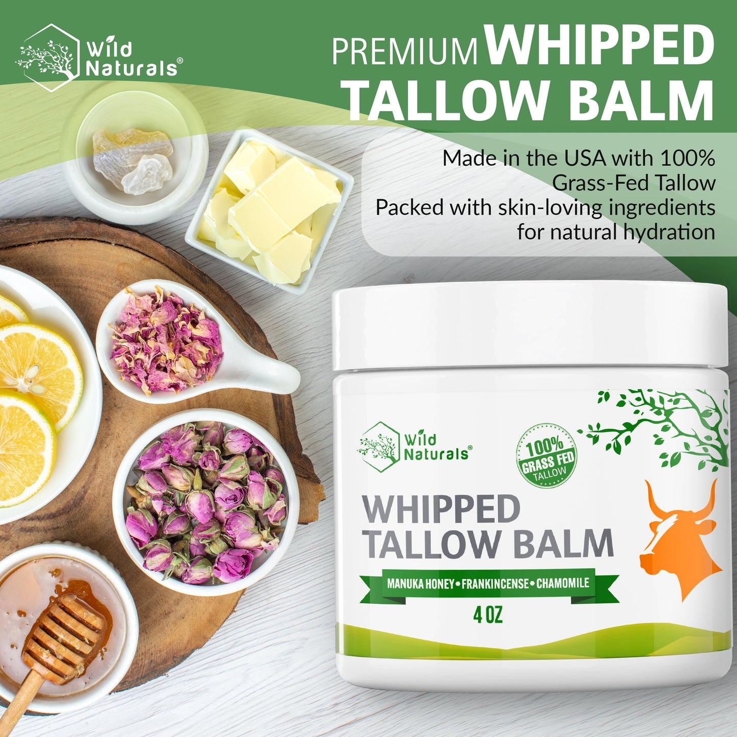 Wild Naturals Whipped Tallow Balm, 100% Grass Fed Beef Tallow and Honey Balm for Face and Body, Unscented Face Moisturizer, Anti-Aging and Dry Skin Relief, Non-Greasy, All-Natural, 4oz