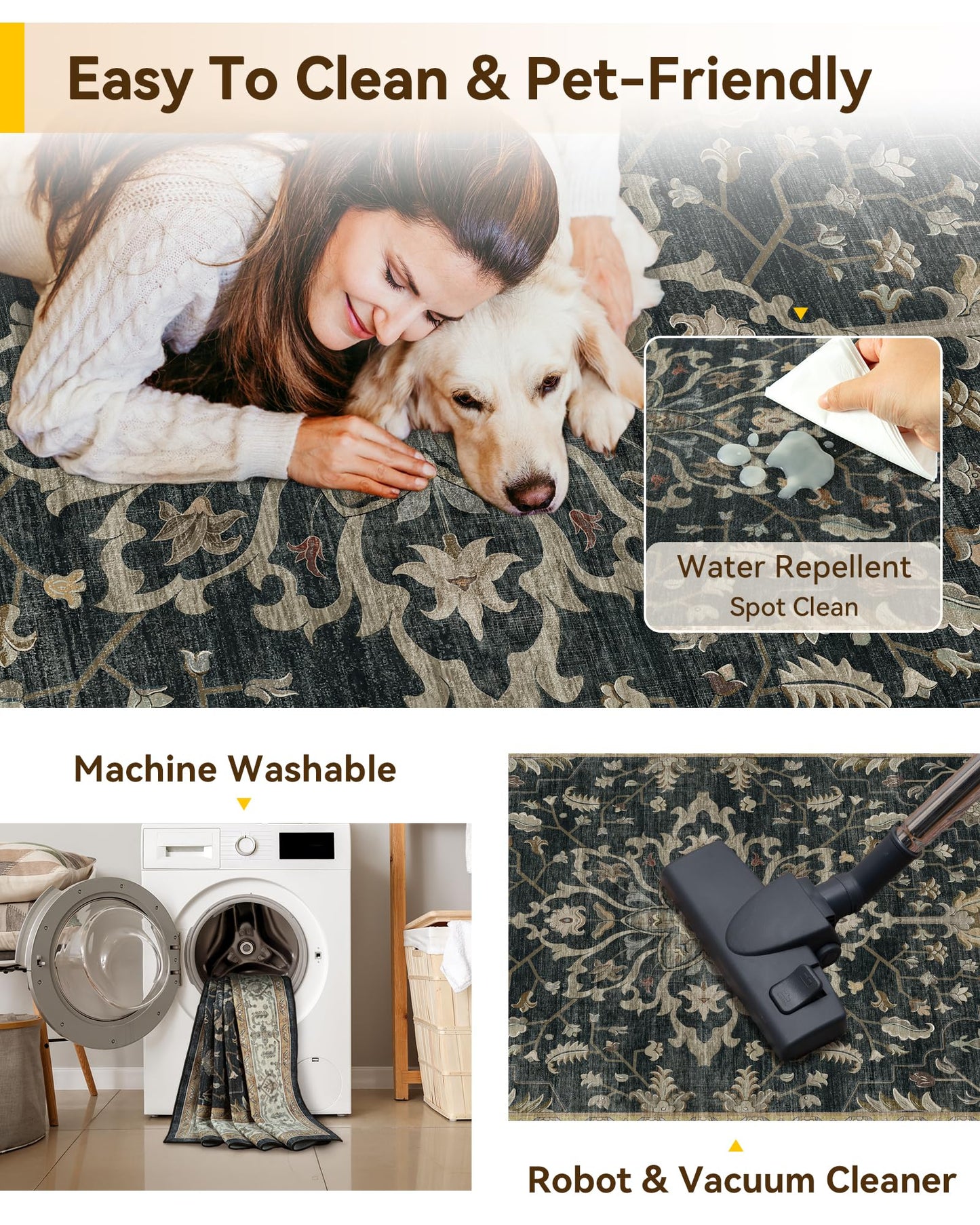 RELEANY Area Rugs 5'x7' Washable Non-Slip, Floral Vintage Distress Medallion Carpet for Living Room Bedroom Dining Room, Vintage Black Brown Neutral