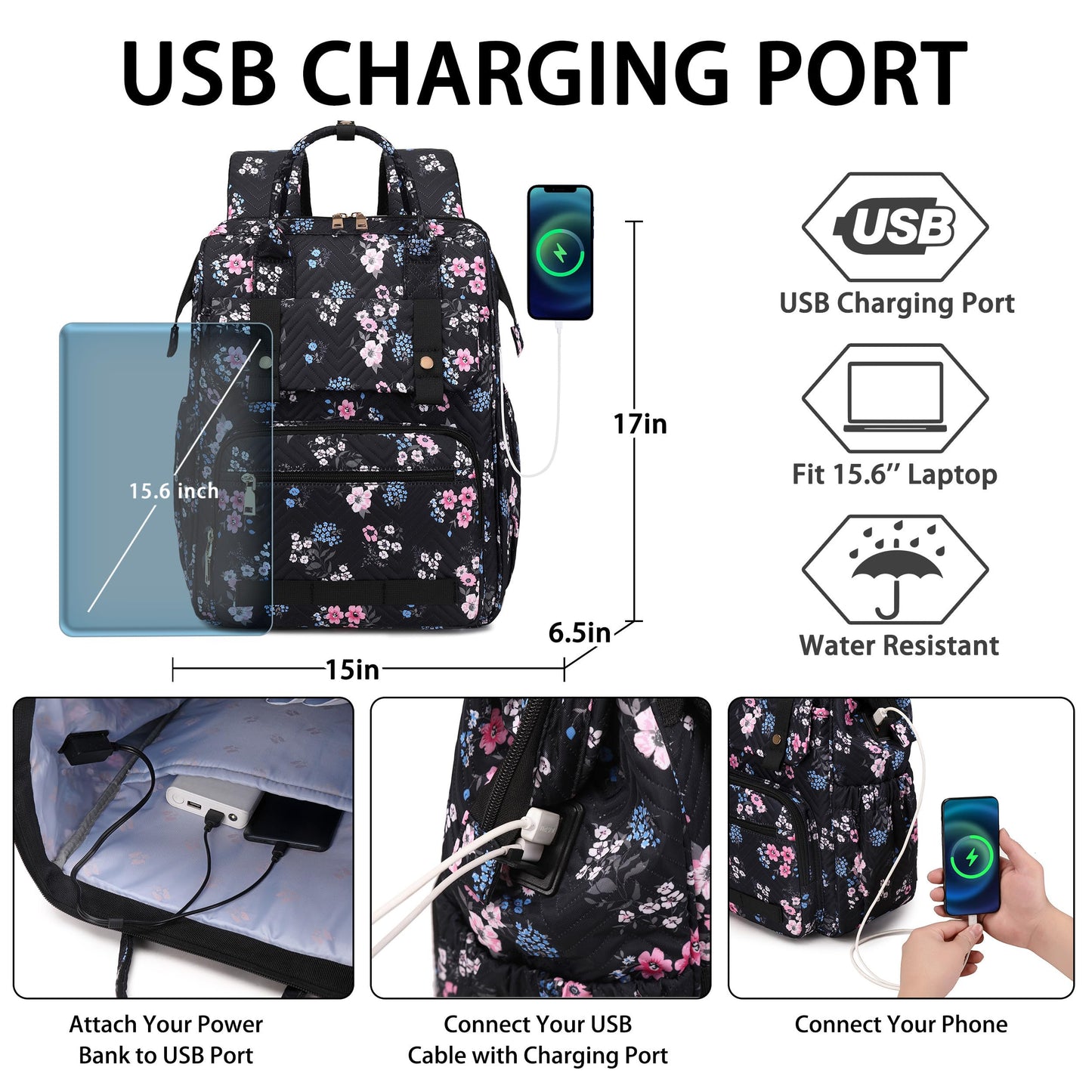Hidds Laptop Backpack Purse for Women, Work Business College School Commuter Computer Bag Large Girls Nurse Teacher Bookbags Anti Theft Ladies Travel Daypack with Charging Port for 15.6 Inch Laptops