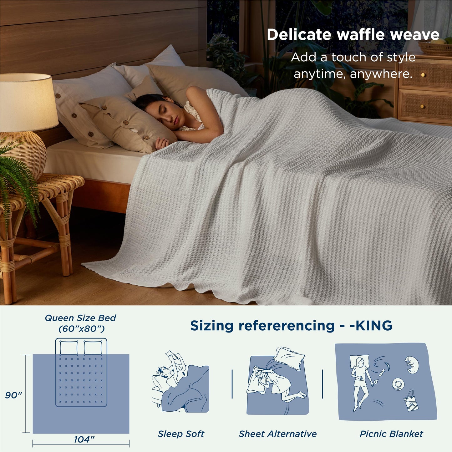Bedsure Gentlesoft 100% Cotton Blanket King Size for Bed - Breathable and Soft, Waffle Weave Blanket for Summer, Thick Cozy Fall Blankets for Women Gift, White, 104x90 inches