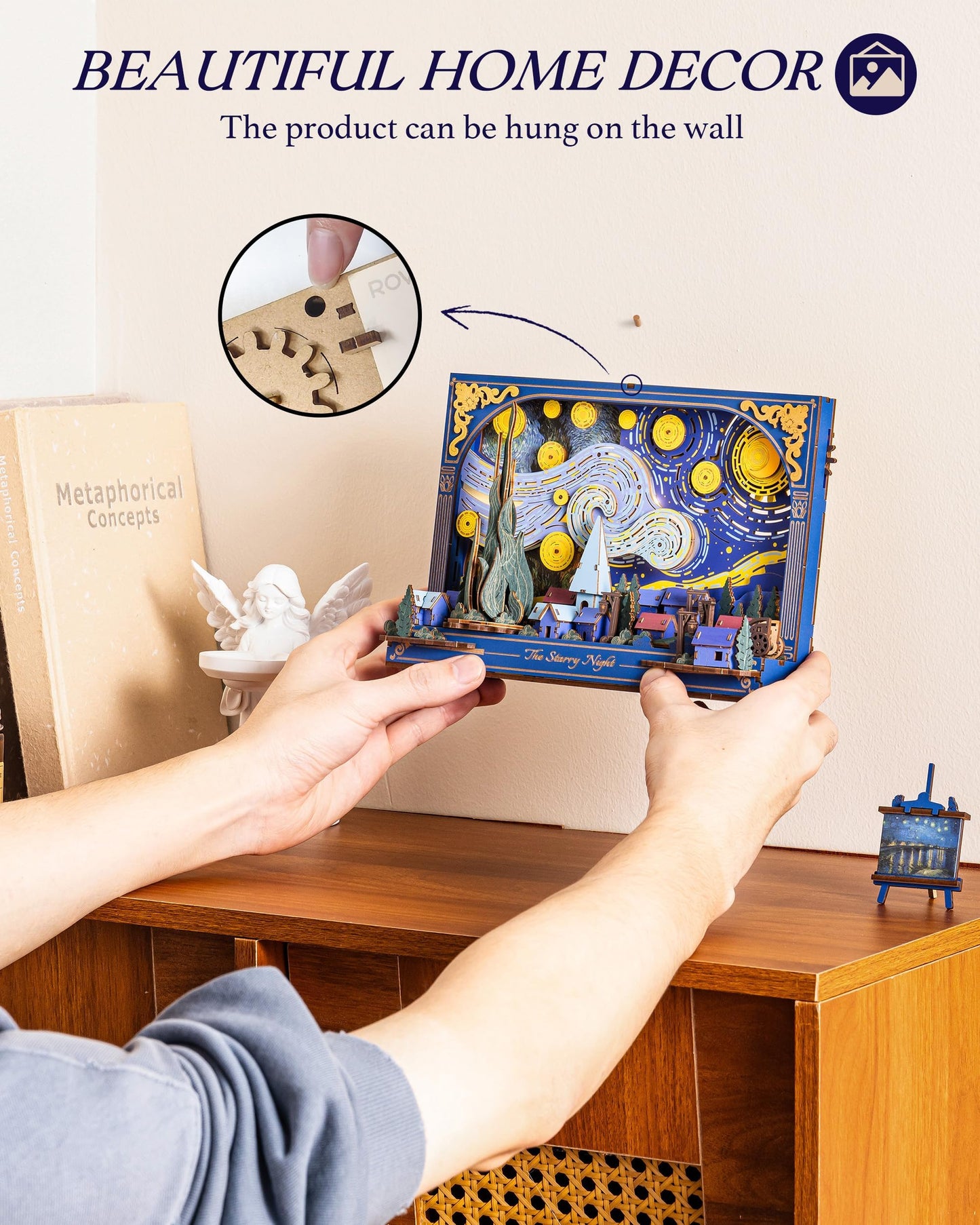 Rowood Starry Night 3D Puzzle Building Set with LED,Wooden Vincent Van Gogh Painting Artwork Craft Kits for Adults,Home Decor Botanical Collection Gift on Christmas