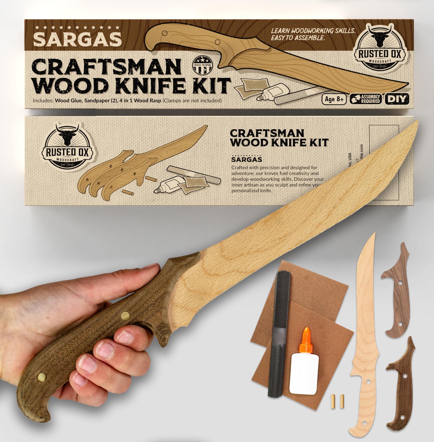 Sargas Wooden Knife Making Kit for Kids Teens and Adults, DIY Craft Woodworking Gift, 13 Inch Hardwood Blade with Walnut Handles and Pins, Includes Rasp Sandpaper Wood Glue How-to Video, Made in USA