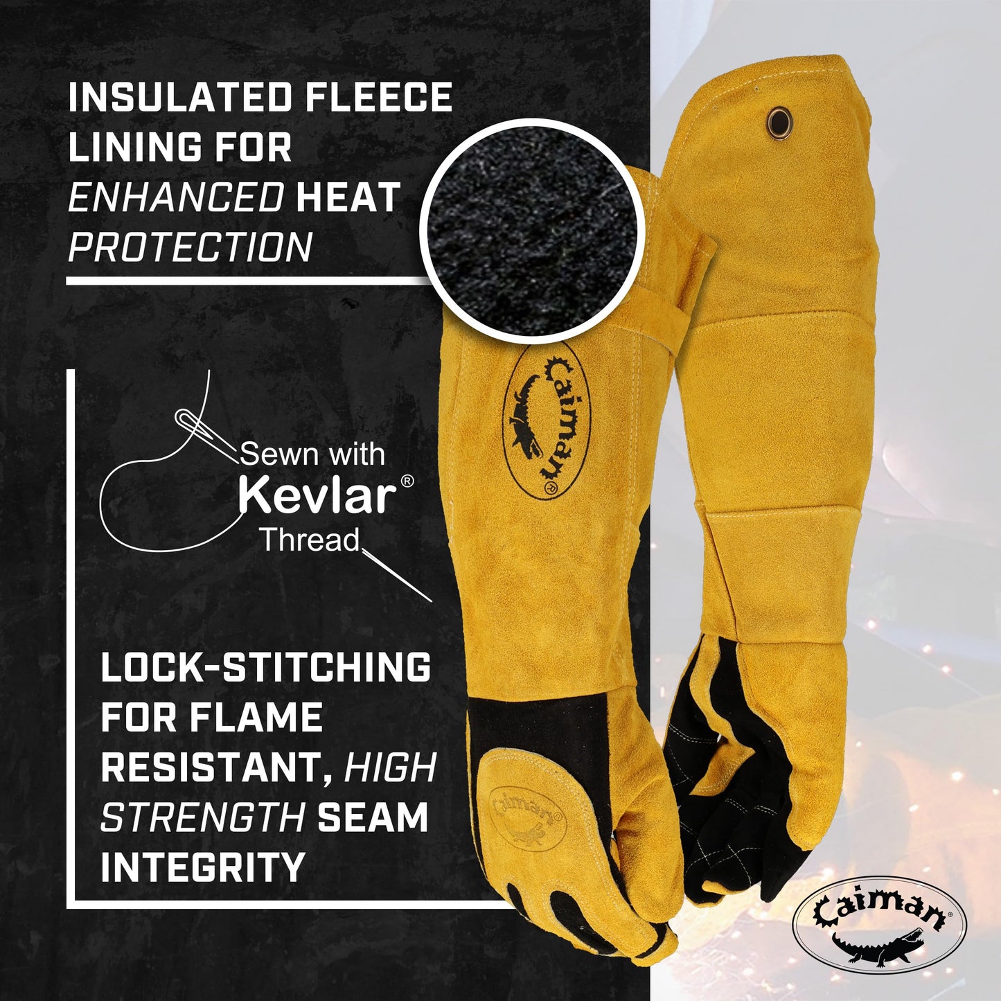 Caiman Premium Split Deerskin MIG/Stick Welding Gloves with Fleece/Foam Insulation, 21-inch length, Split Cowhide Leather Heat Shield Patch, Sock Lined Foam, Kevlar, Black/Gold, X-Large (1878-5)
